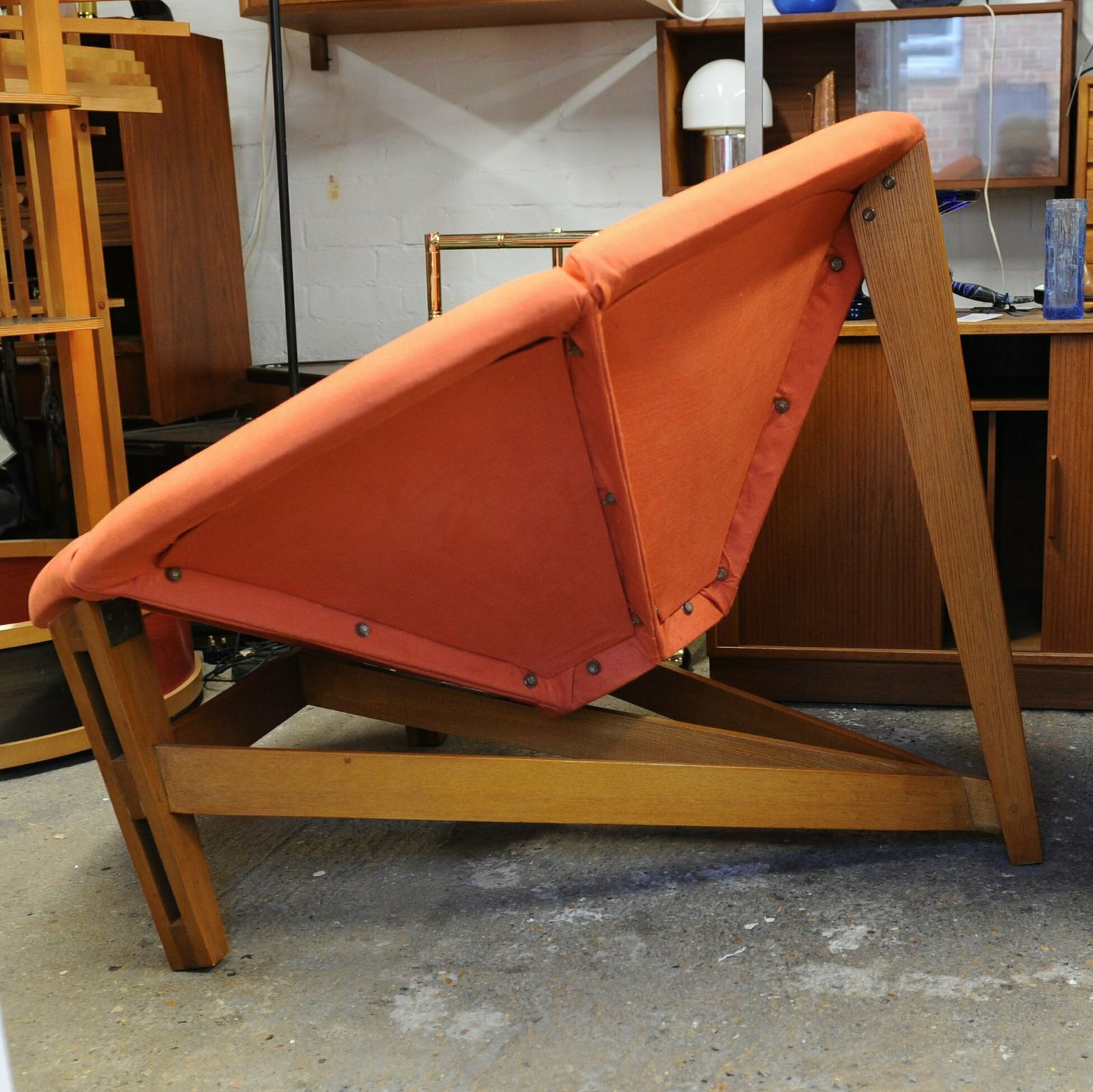 photo for sale Large Mid Century Fibreglass Pink And Yellow Flower/ Daisy Chair On A Wooden Tripod Stand, 1960s