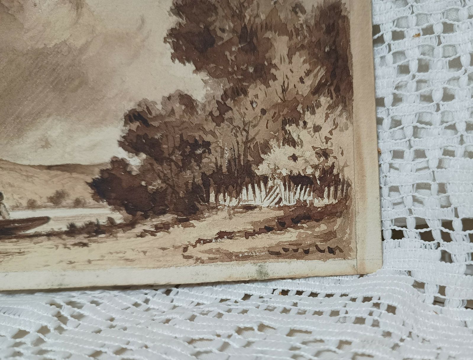 Unframed Original Watercolor Painting Men Fishing In Little Boat. photo for sale