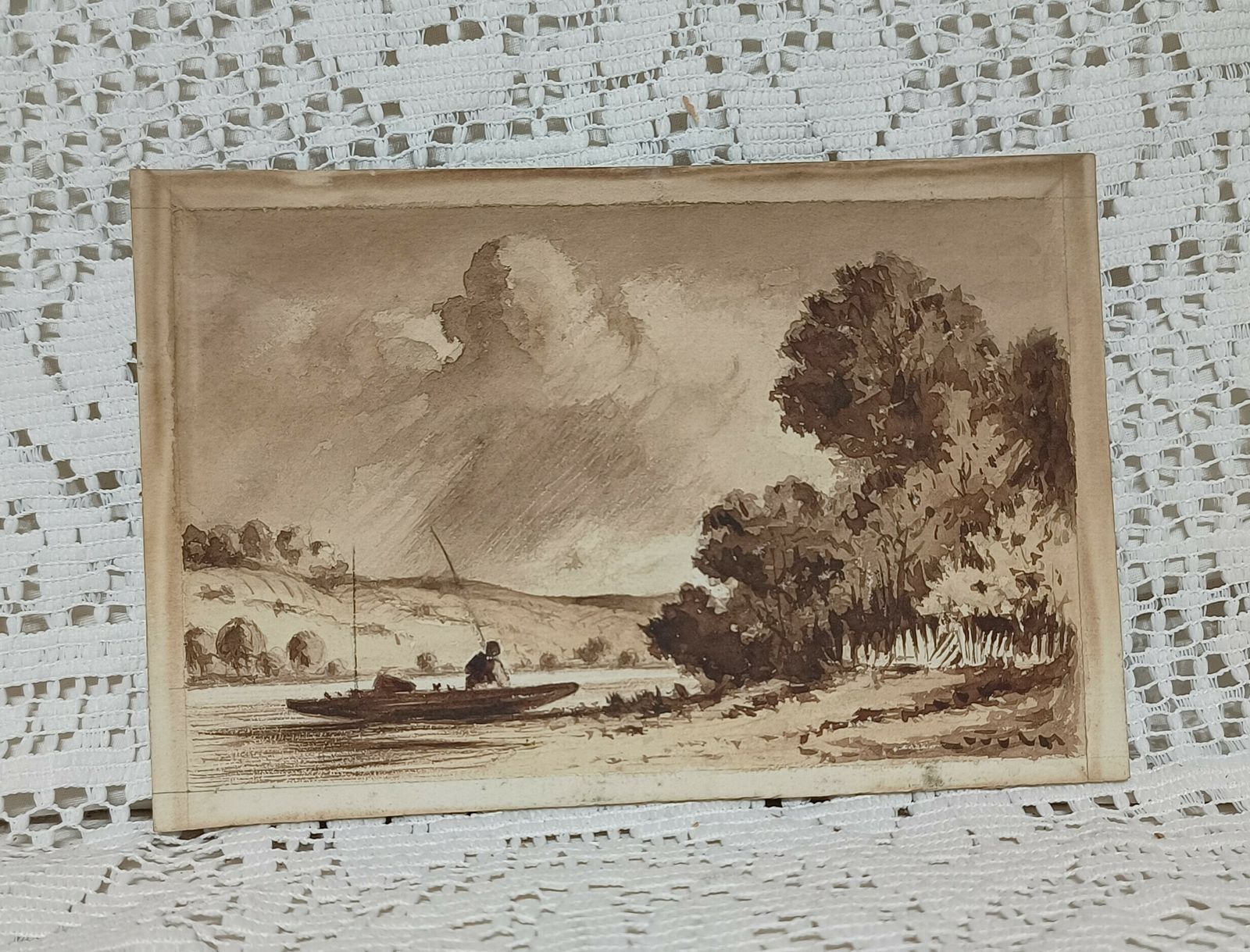 Unframed Original Watercolor Painting Men Fishing In Little Boat. photo buy