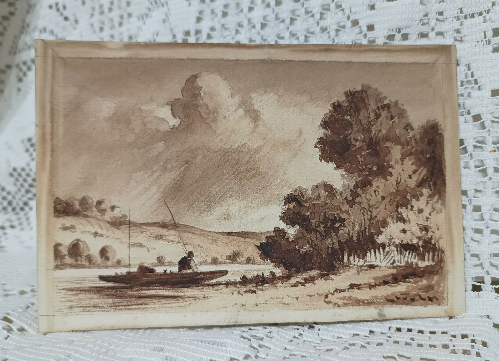 Unframed Original Watercolor Painting Men Fishing In Little Boat. photo vintage