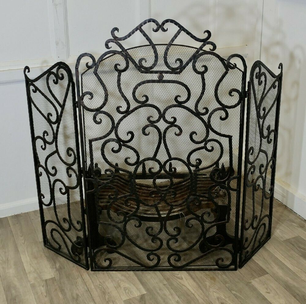 Large Folding Wrought Iron Fire Guard For Inglenook Fireplace