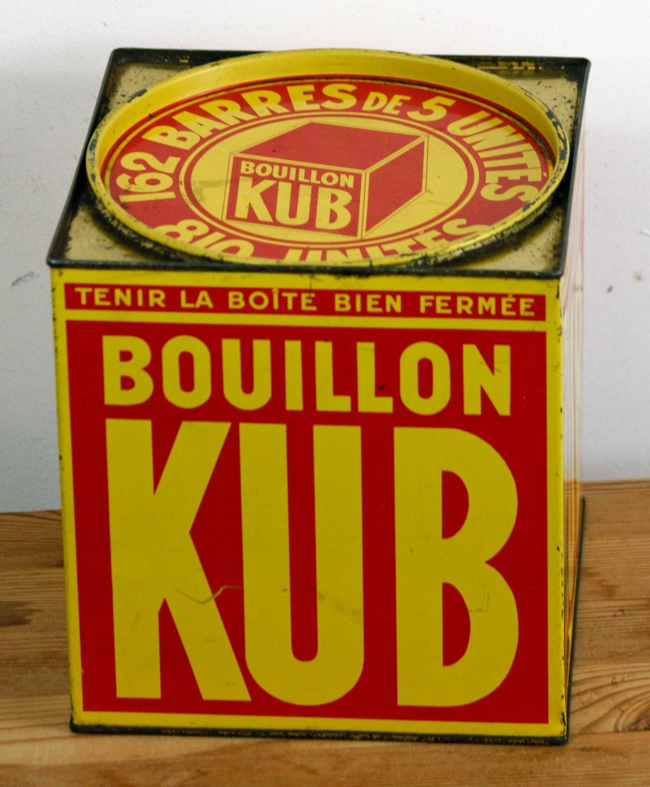 Kub Bouillon Tin   Vintage Large 18cm Metal Retro French Country Kitchen Utensil Holder Flower Planter Off The Wall Clocks photo for sale