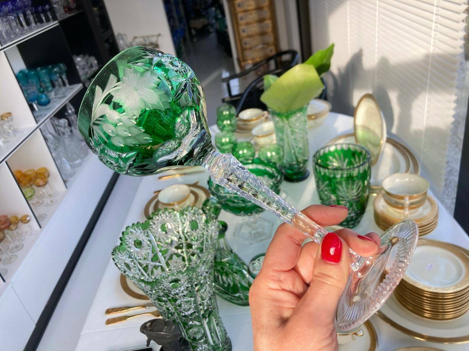 Emerald Green Wine Glasses | 6x Wine Hocks | Cut To Clear | Grapes Pattern | Nachtmann photo 450.0