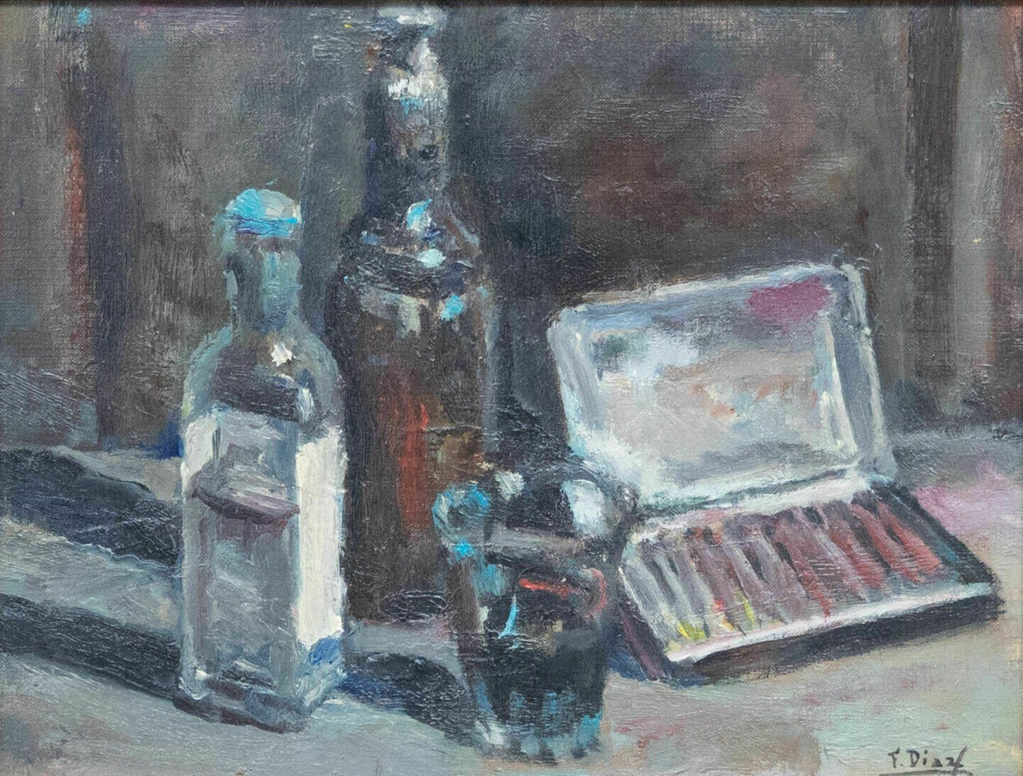 Francisco Diaz Sanchez (1912 1982)   Spanish School Oil, The Artist's Materials photo furniture