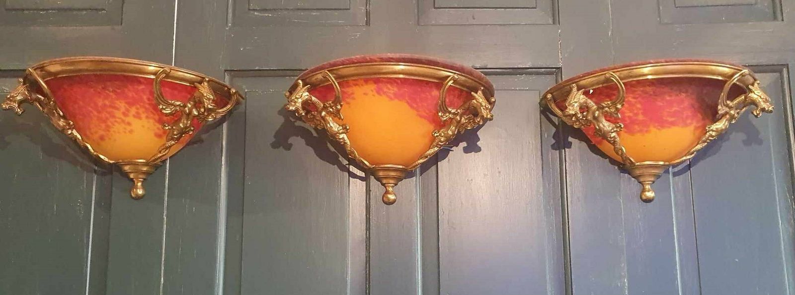 Set Of Three French Art Deco Brass Wall Lights With Mottled Glass photo furniture