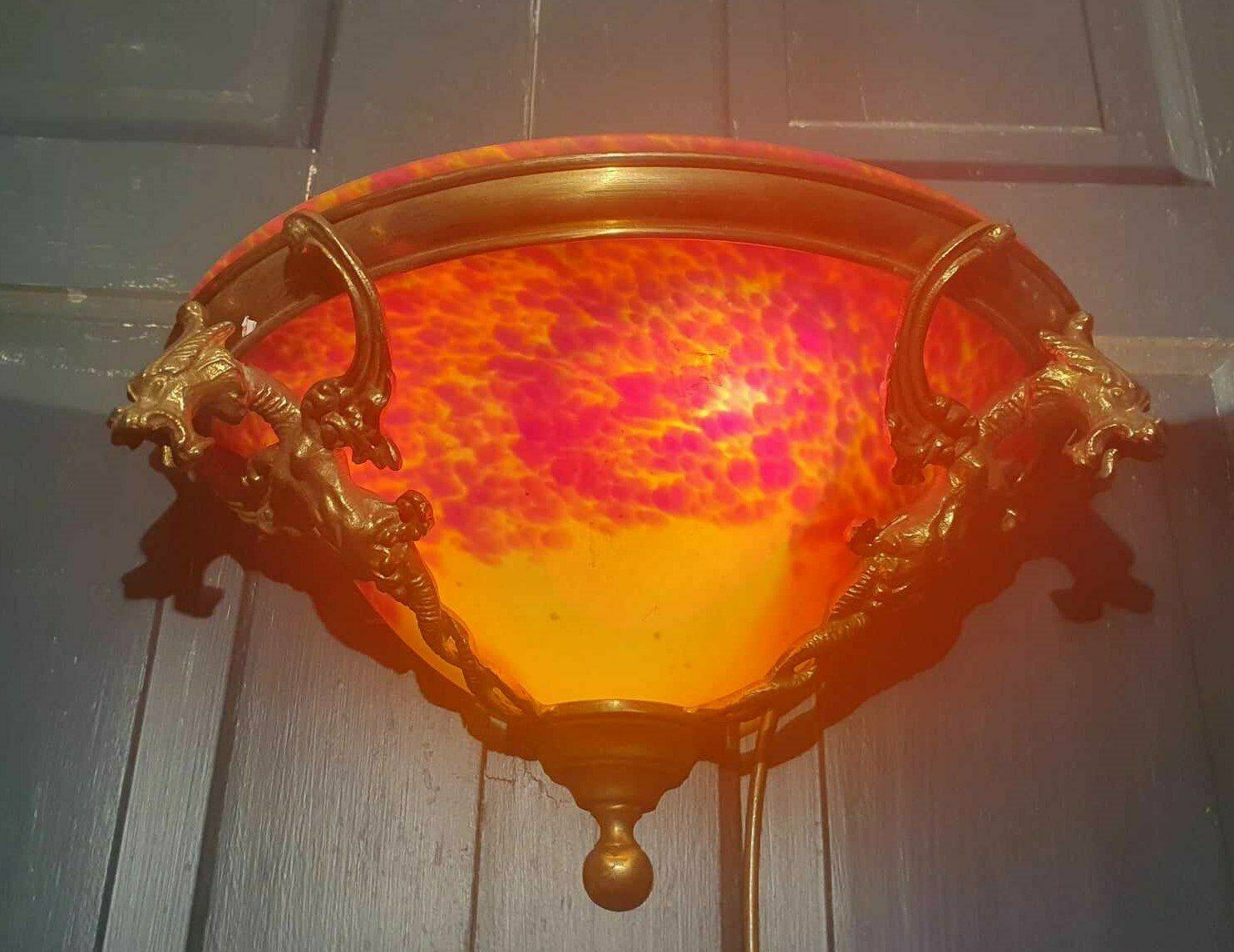 Set Of Three French Art Deco Brass Wall Lights With Mottled Glass photo vinterior