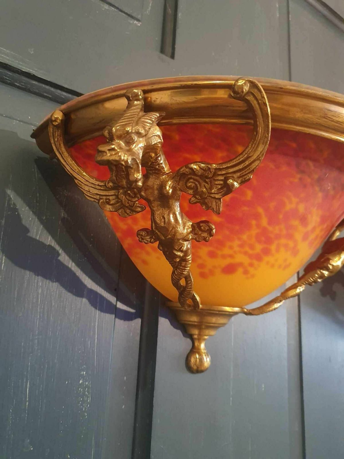 Set Of Three French Art Deco Brass Wall Lights With Mottled Glass photo vintage