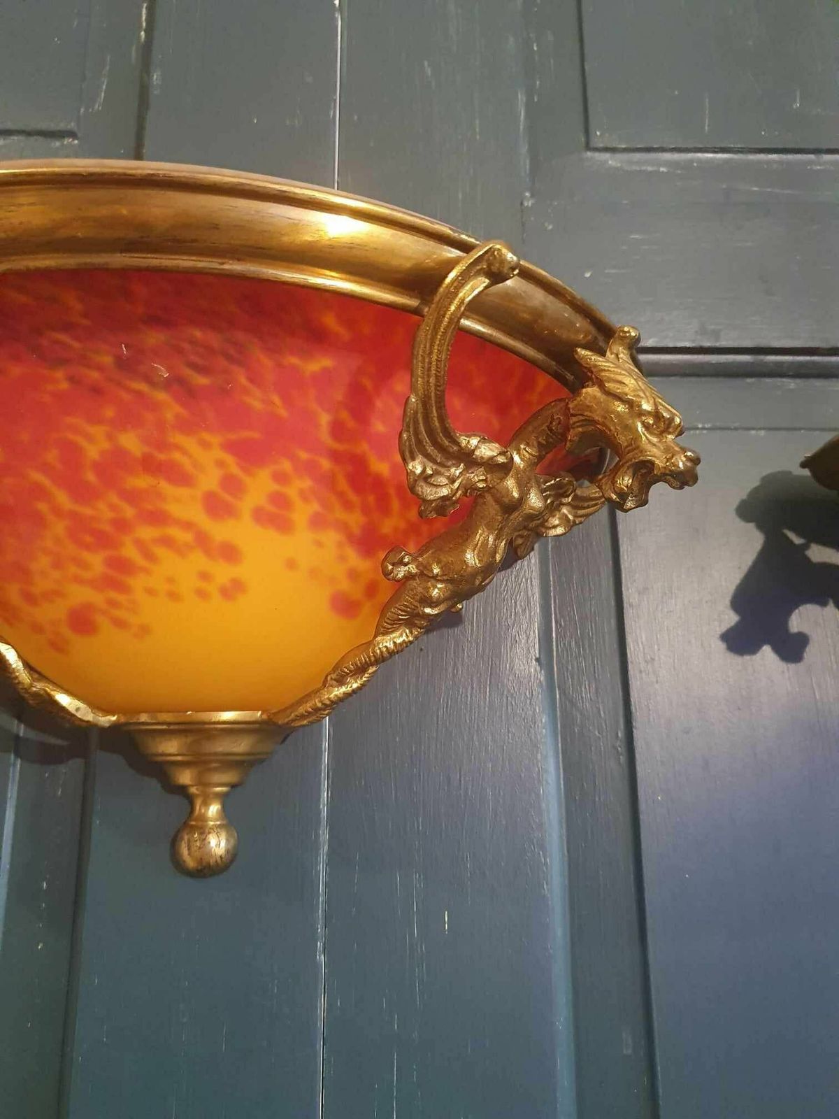 photo for sale Set Of Three French Art Deco Brass Wall Lights With Mottled Glass