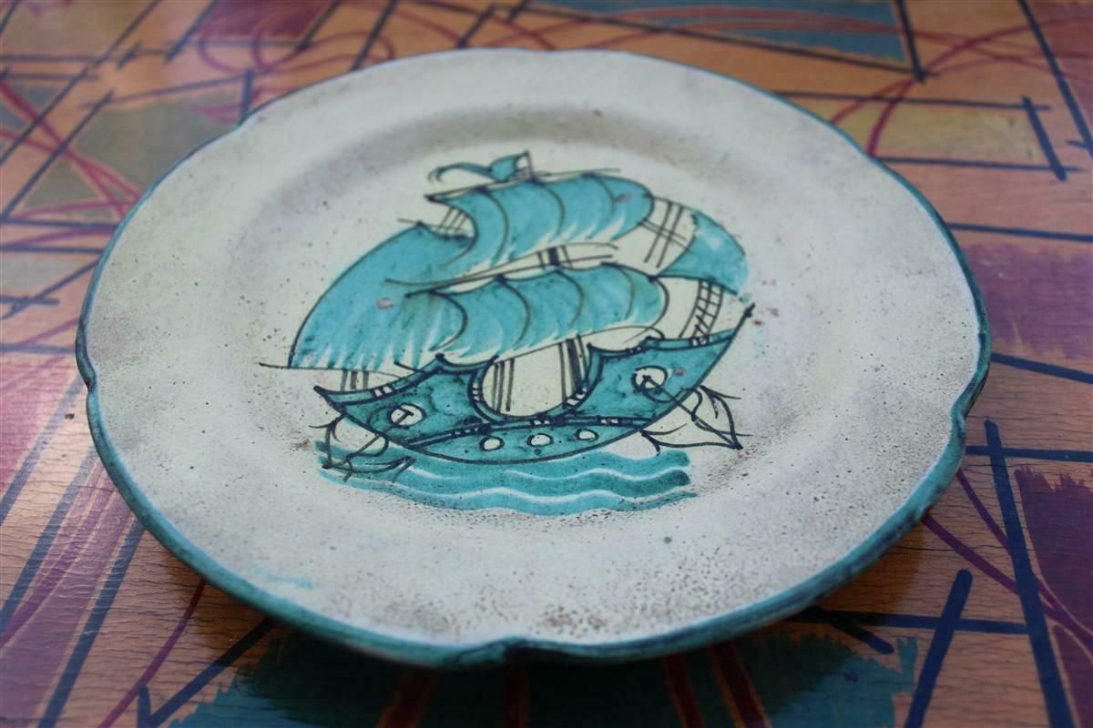 Round Plate By Avallone Vietri With Central Decoration 1950s With Sailing Ship photo Art