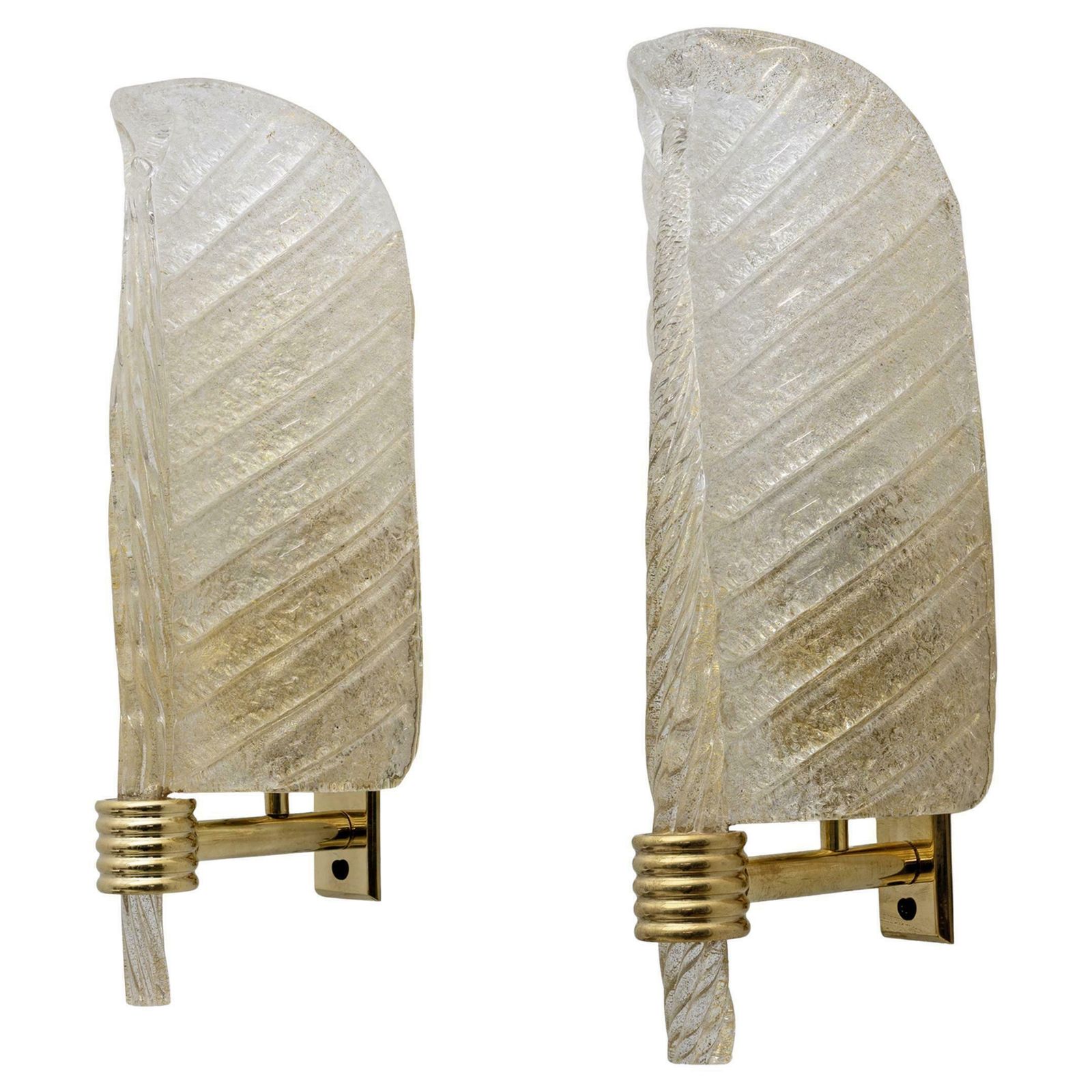 Pair Of Barovier & Toso Style Mid Century "Graniglia" Murano Glass Leaf Sconces
