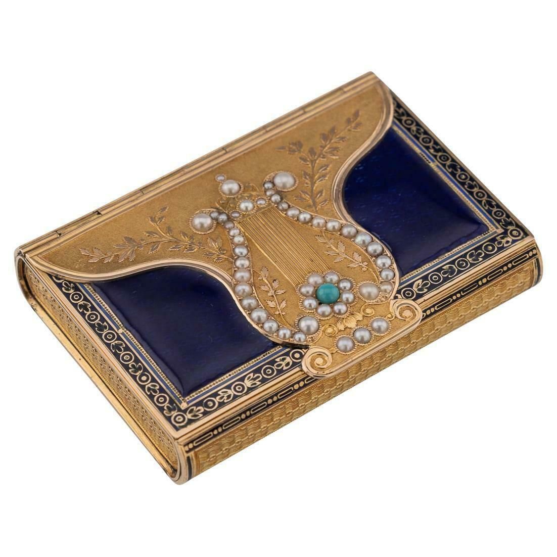19th Century Swiss 18k Gold Pearl Set & Enamel Musical Box, Remond C.1800