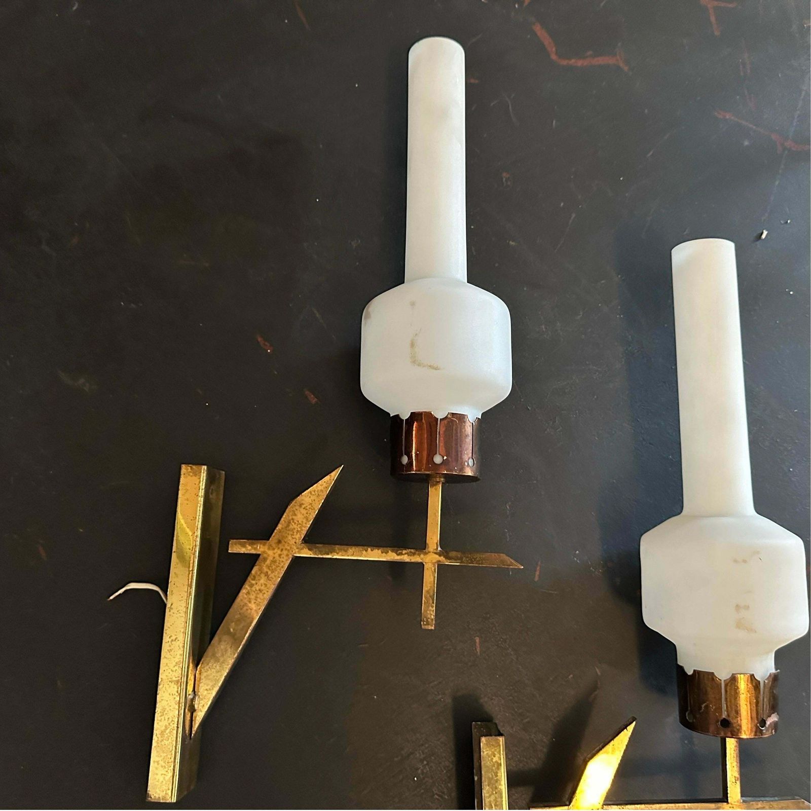 Two 1950s Stilnovo Style Mid Century Modern Brass And Glass Italian Wall Sconces photo for sale