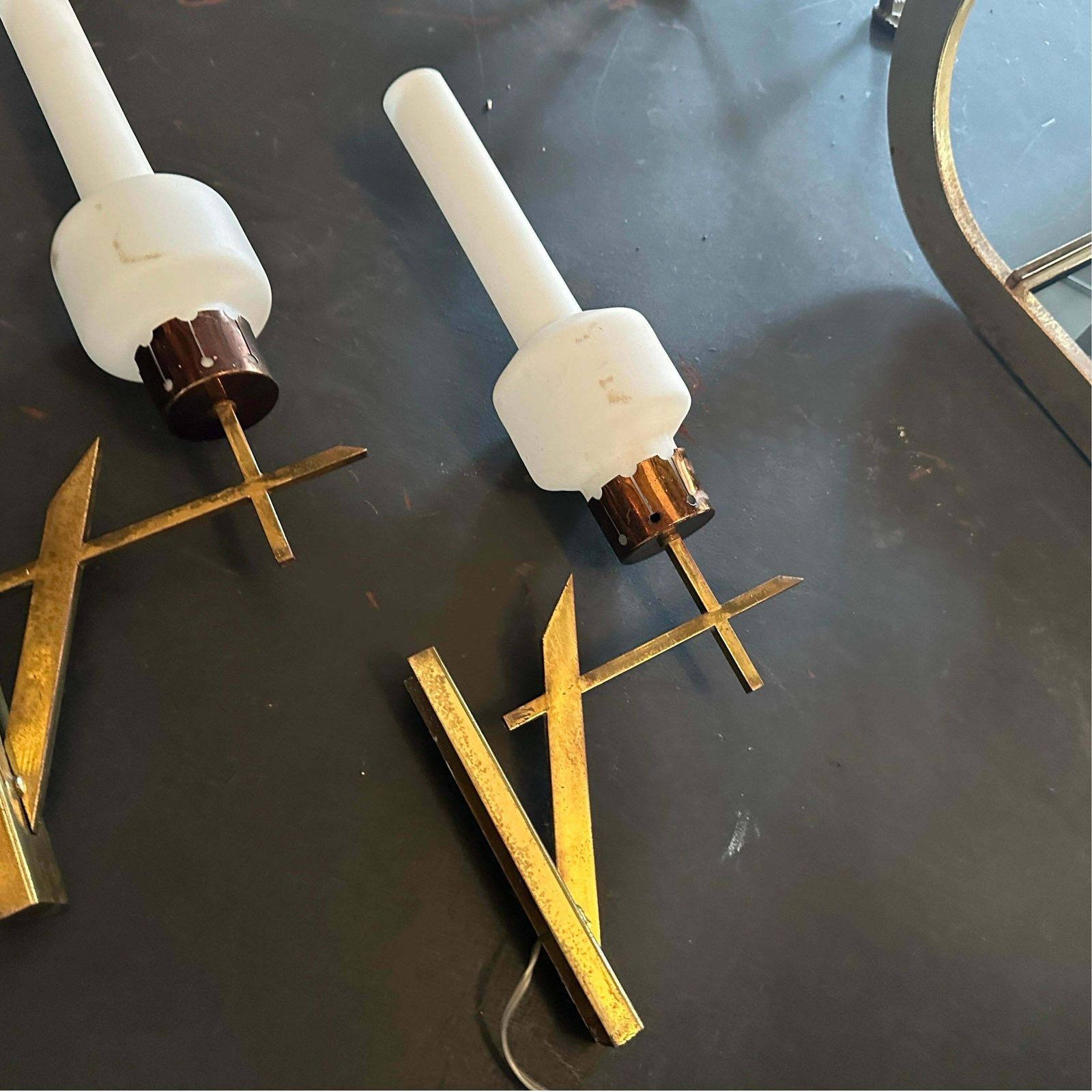 Two 1950s Stilnovo Style Mid Century Modern Brass And Glass Italian Wall Sconces photo Lighting
