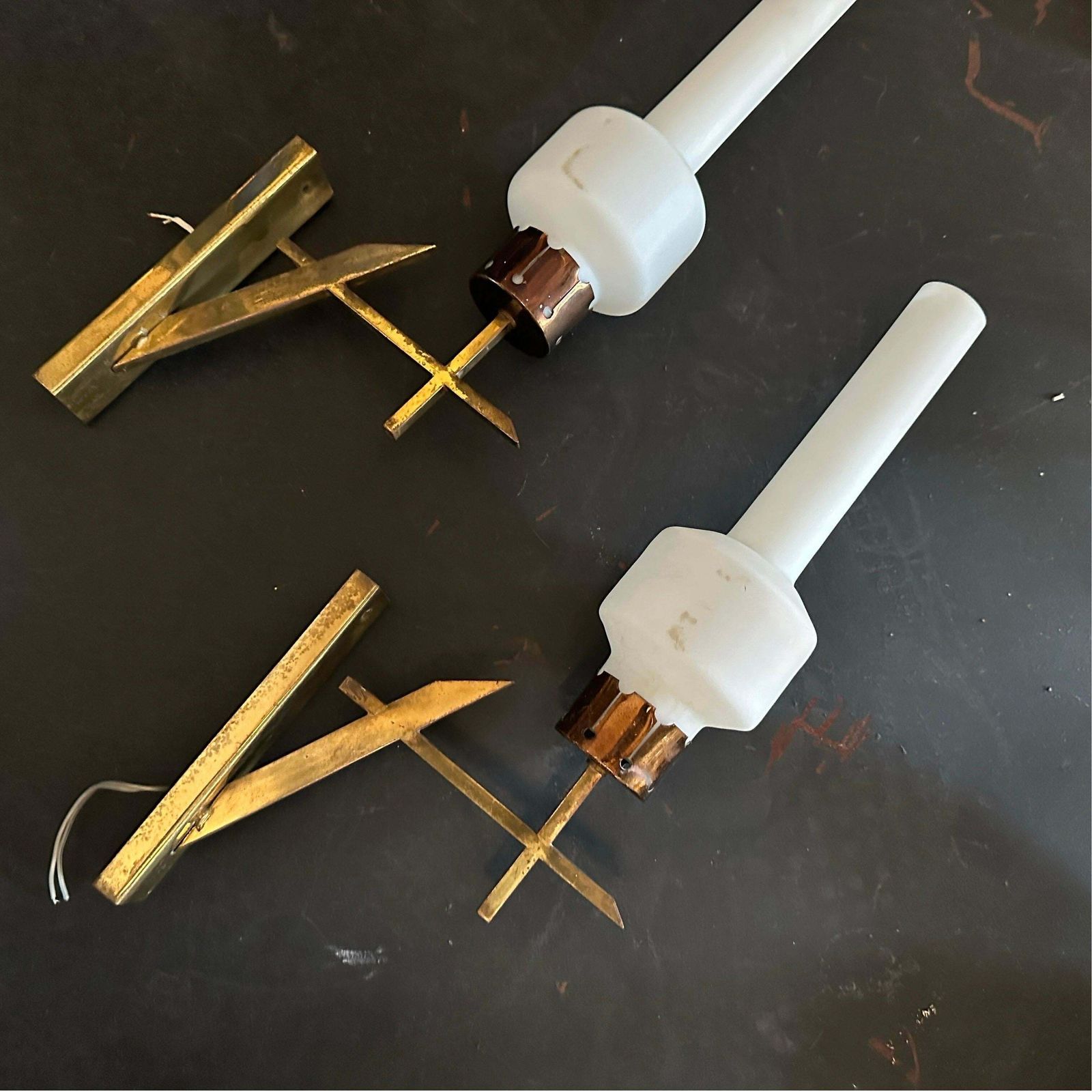 Two 1950s Stilnovo Style Mid Century Modern Brass And Glass Italian Wall Sconces photo 957.0