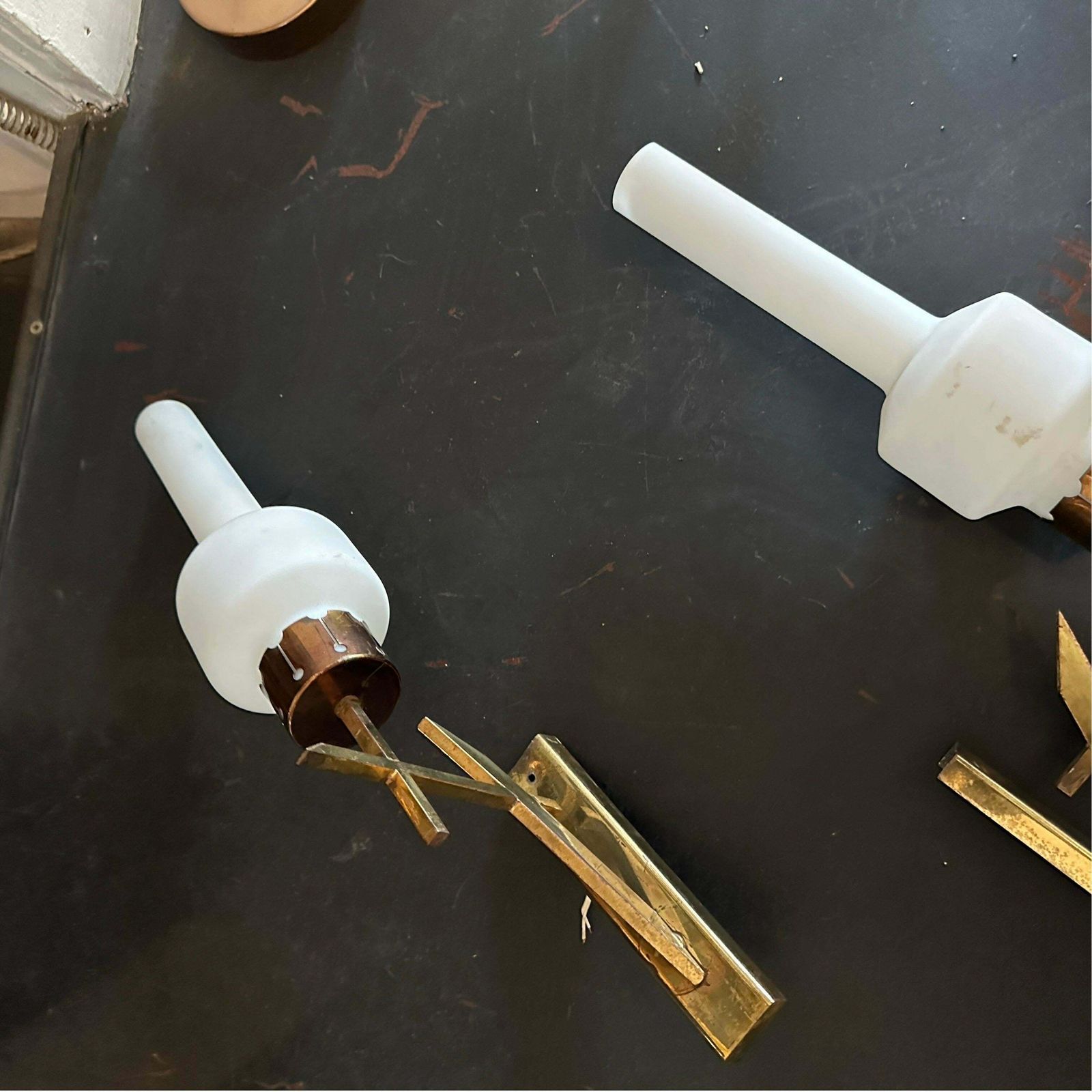 Two 1950s Stilnovo Style Mid Century Modern Brass And Glass Italian Wall Sconces photo buy