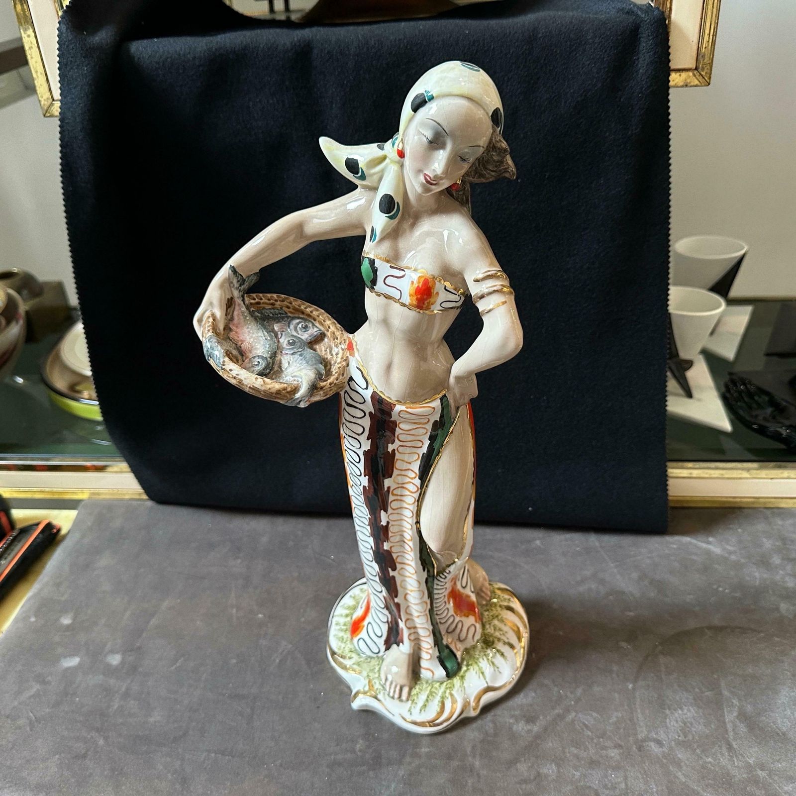 1950s Mid Century Modern Ceramic Italian Figure Of A Woman With Fishes photo vintage