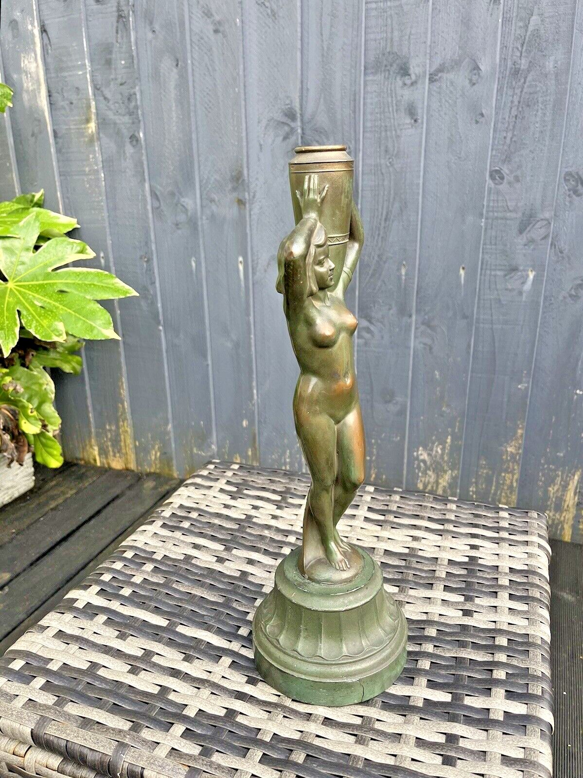 Original Antique Art Deco 30's French Bronze Spelter Nude Lady Maiden Lamp Base photo for sale