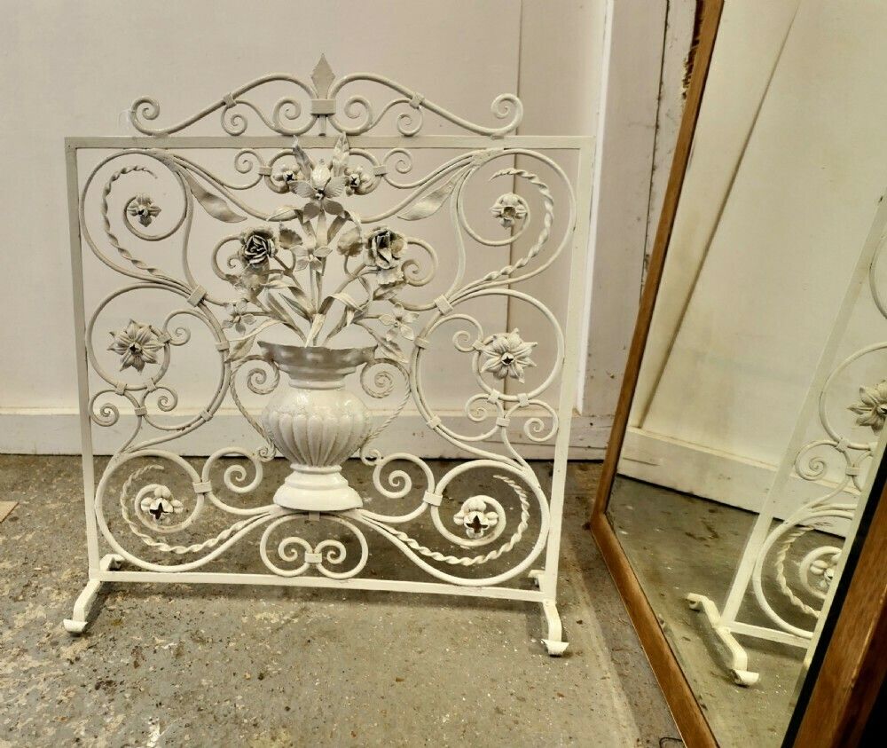 White Wrought Iron And Toleware Fire Screen Decorated With Flowers