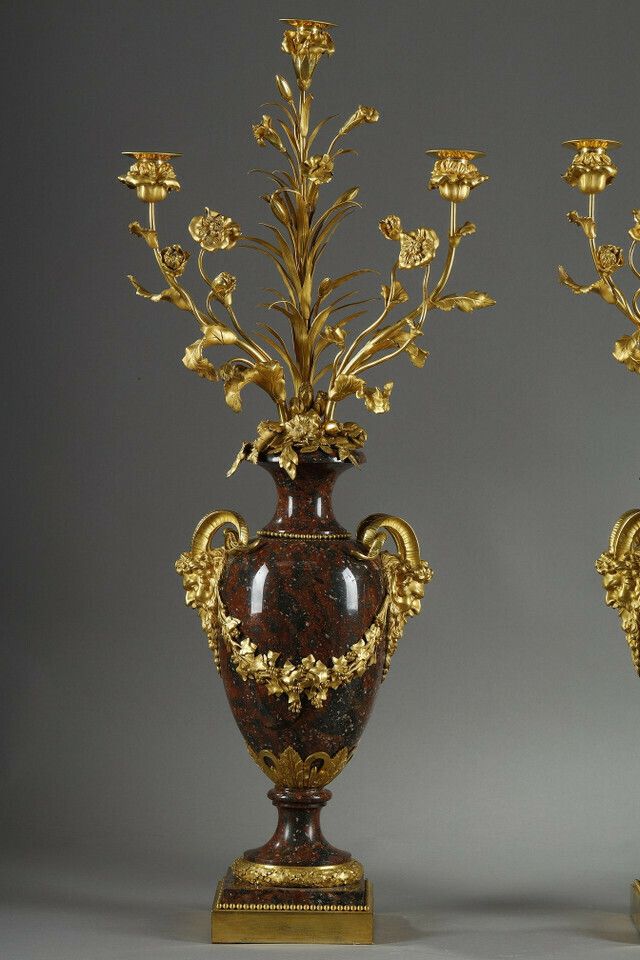 Pair Of Louis XVI Style Candelabra In Griotte Red Marble And Gilt Bronze photo Home Decor