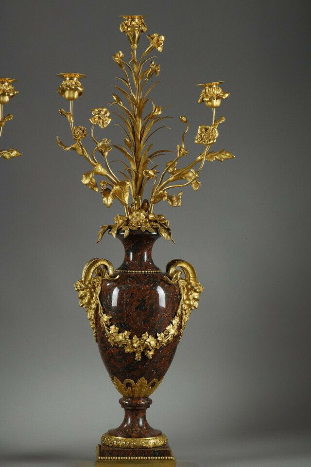 Pair Of Louis XVI Style Candelabra In Griotte Red Marble And Gilt Bronze photo 13594.0