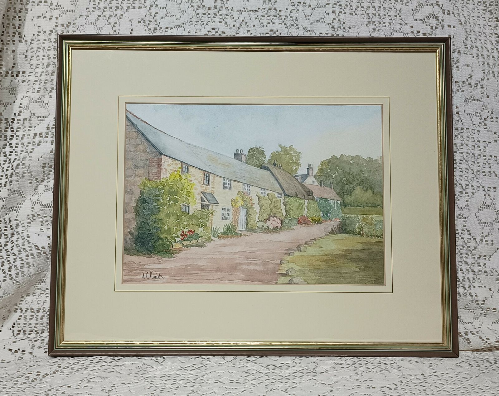 Original Watercolour Painting Country Cottages Wall Flowers Artist Signed. photo furniture