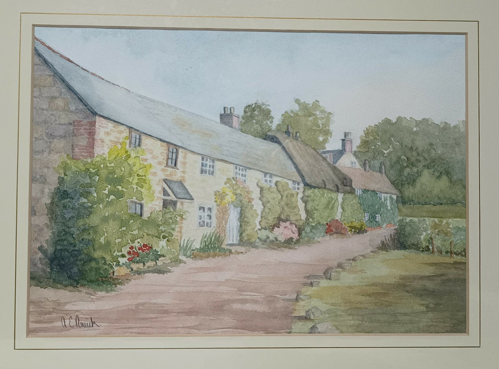 Original Watercolour Painting Country Cottages Wall Flowers Artist Signed. photo for sale
