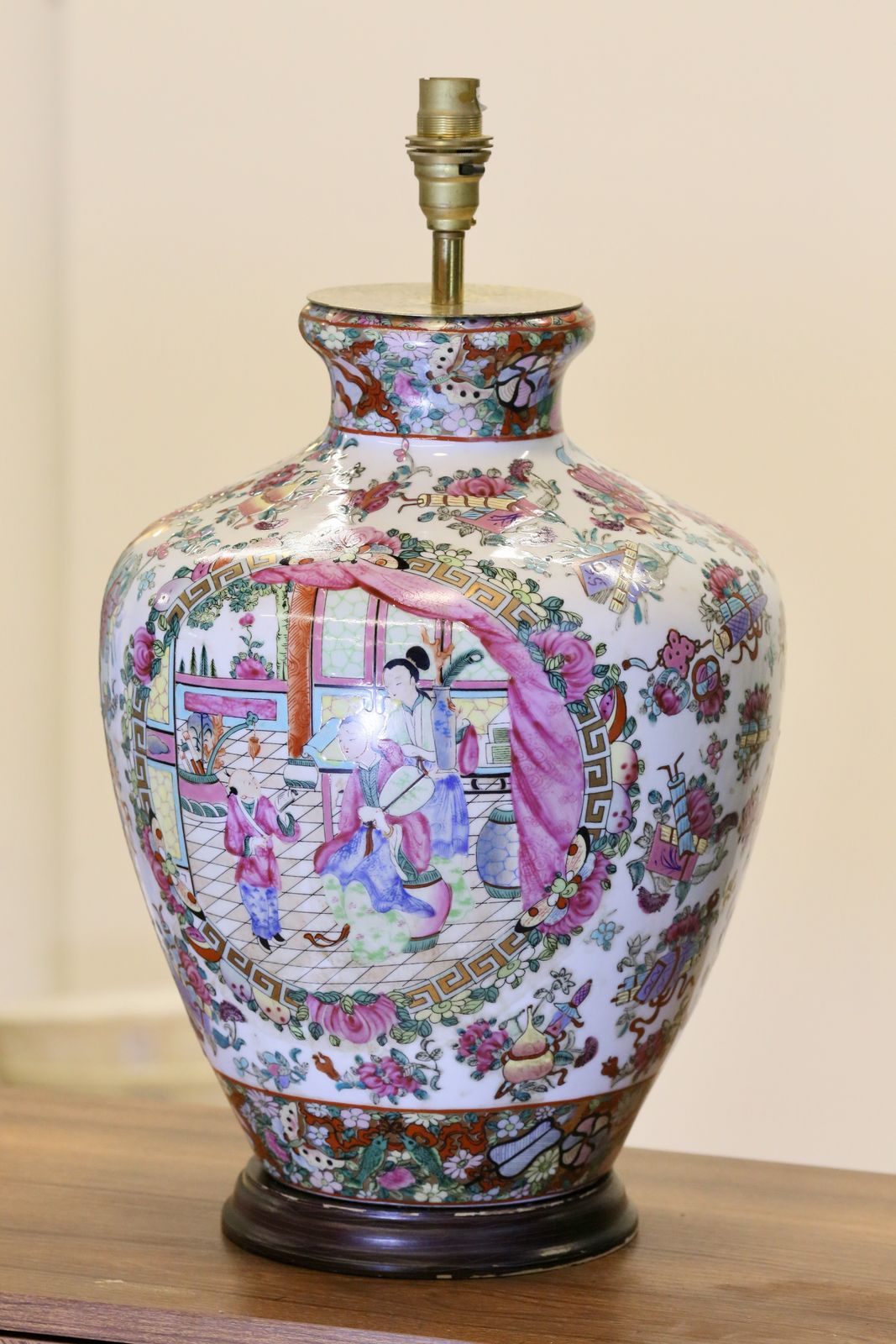 Pair Chinese Antique Famille Rose Porcelain Lamps With Court Scenes   51cm Height photo Lighting