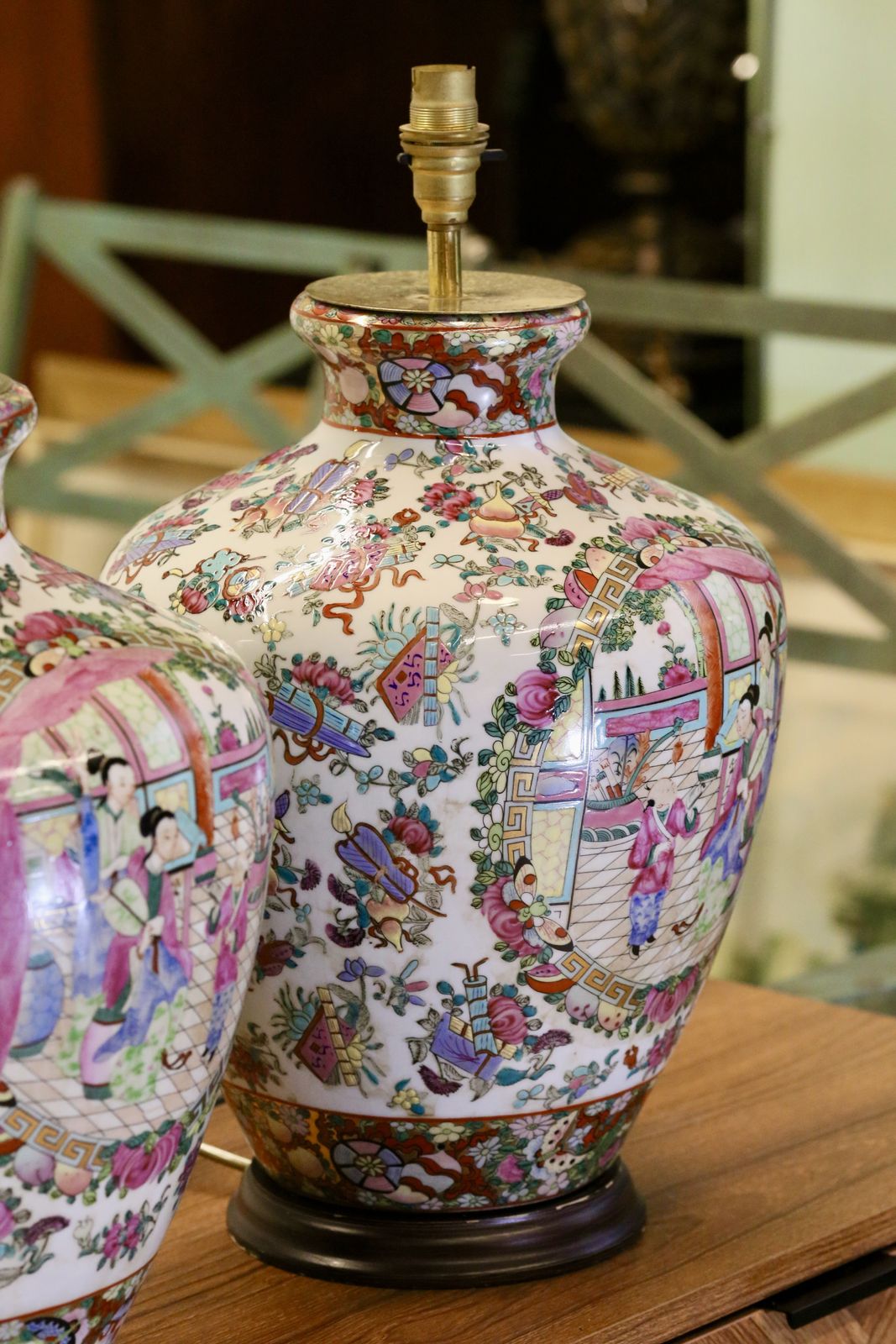 1285.0 Pair Chinese Antique Famille Rose Porcelain Lamps With Court Scenes   51cm Height photo