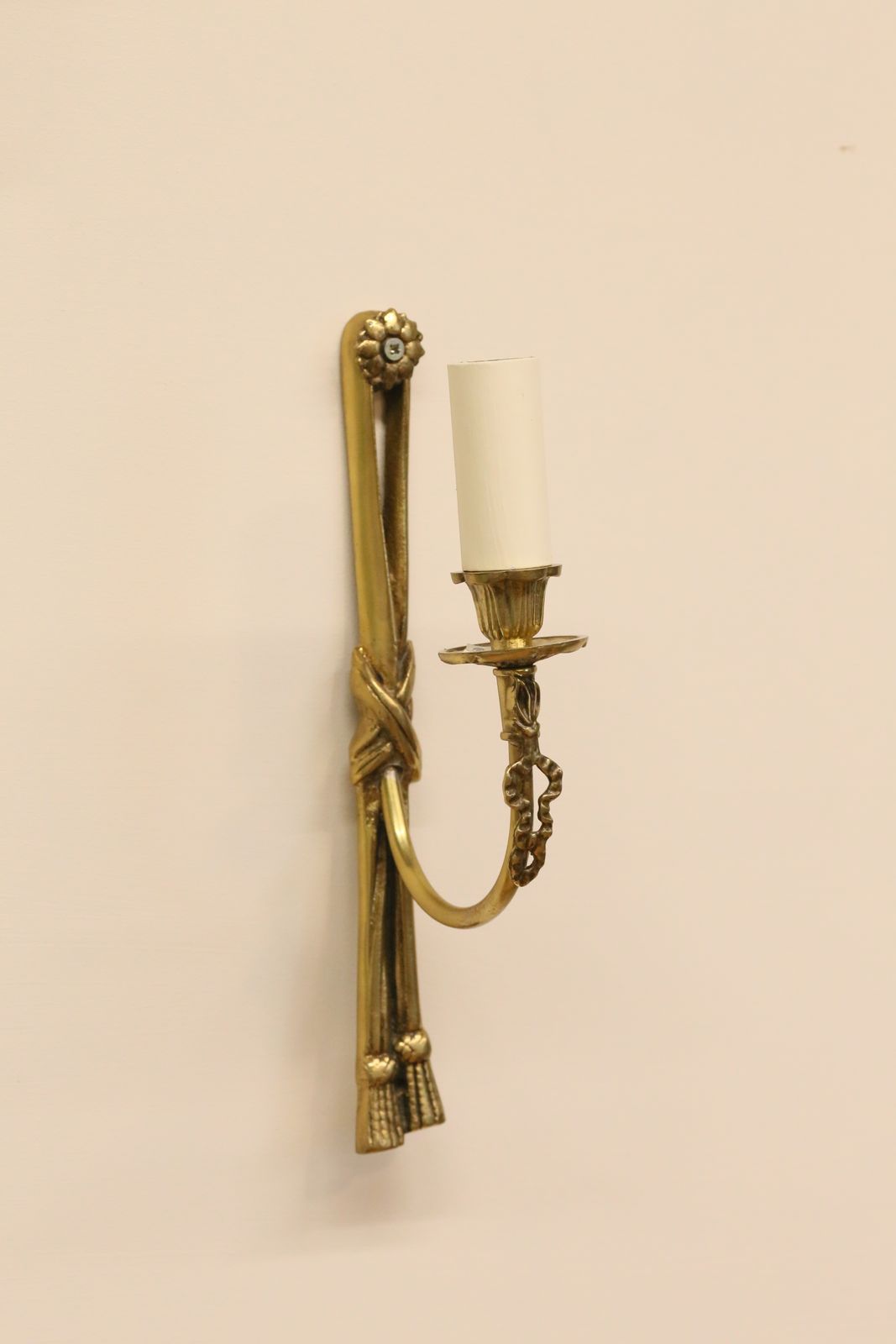 photo for sale Set Of Three Electrified French Antique Brass Wall Sconces   H30cm