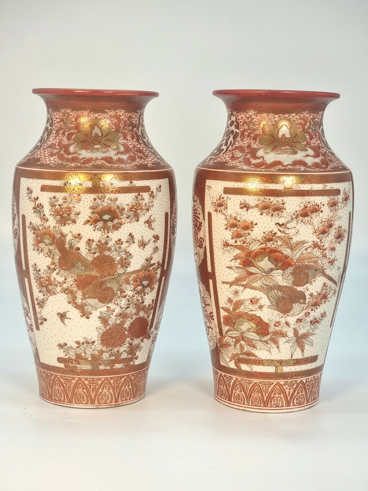 A Large Pair Of Japanese Hand Painted Kutani Porcelain Vases, Circa 1890 photo vintage