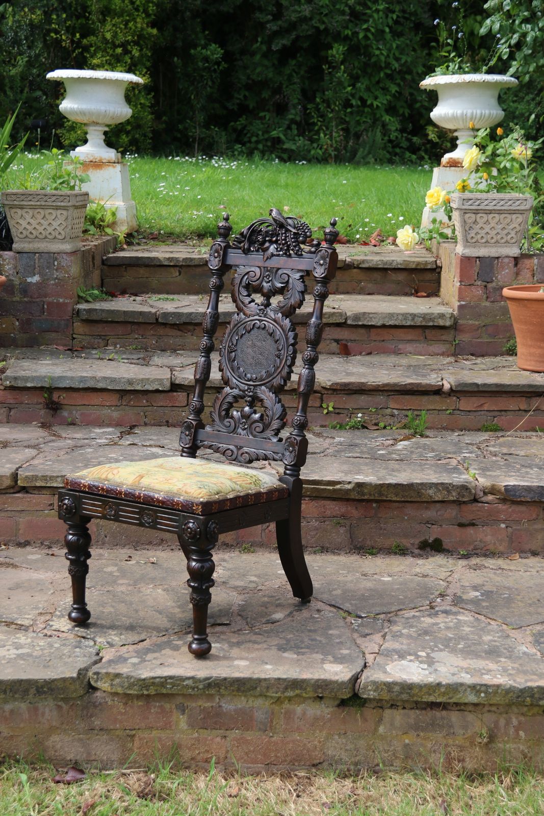 A 19th Century English Country House Carved Walnut High Backed Chair With A Tapestry Seat photo Furniture