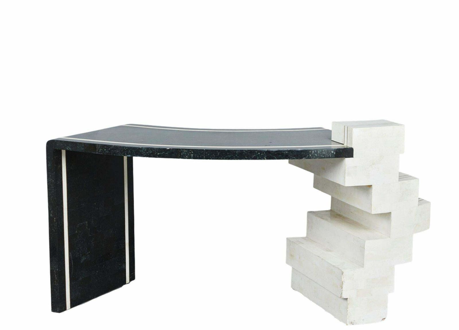 Unique Writing Desk With Black And White Stone Veneer And Brass Inlays photo for sale
