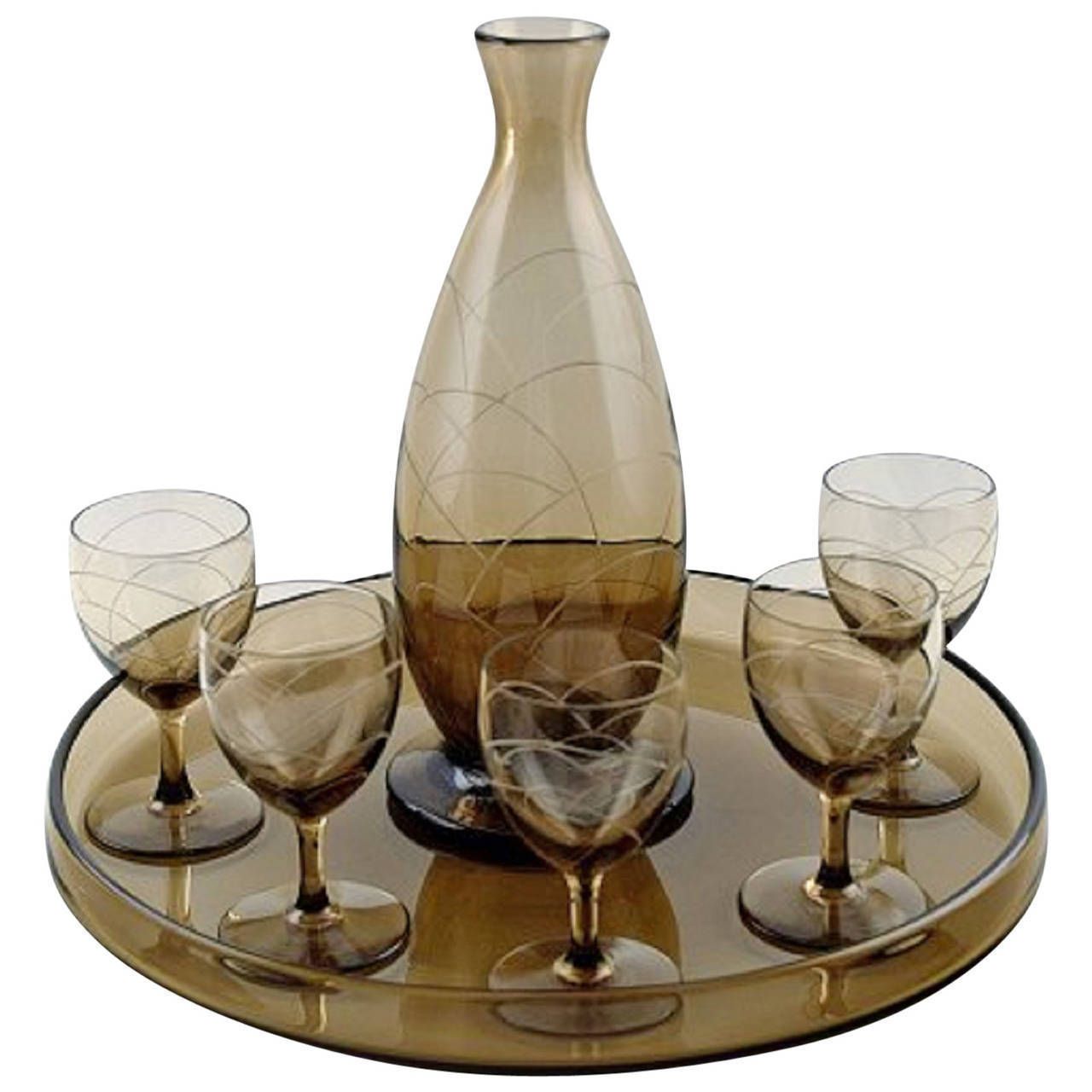 Daum Nancy Art Deco Bar Set, Decanter And Five Glasses On Tray