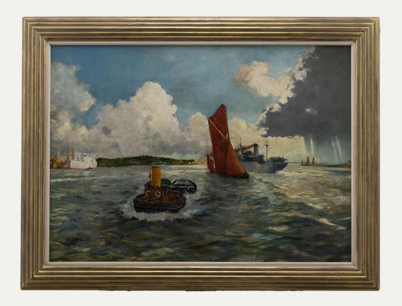 A. I. Charles Framed 20th Century Oil, Tug Towing Two Barges