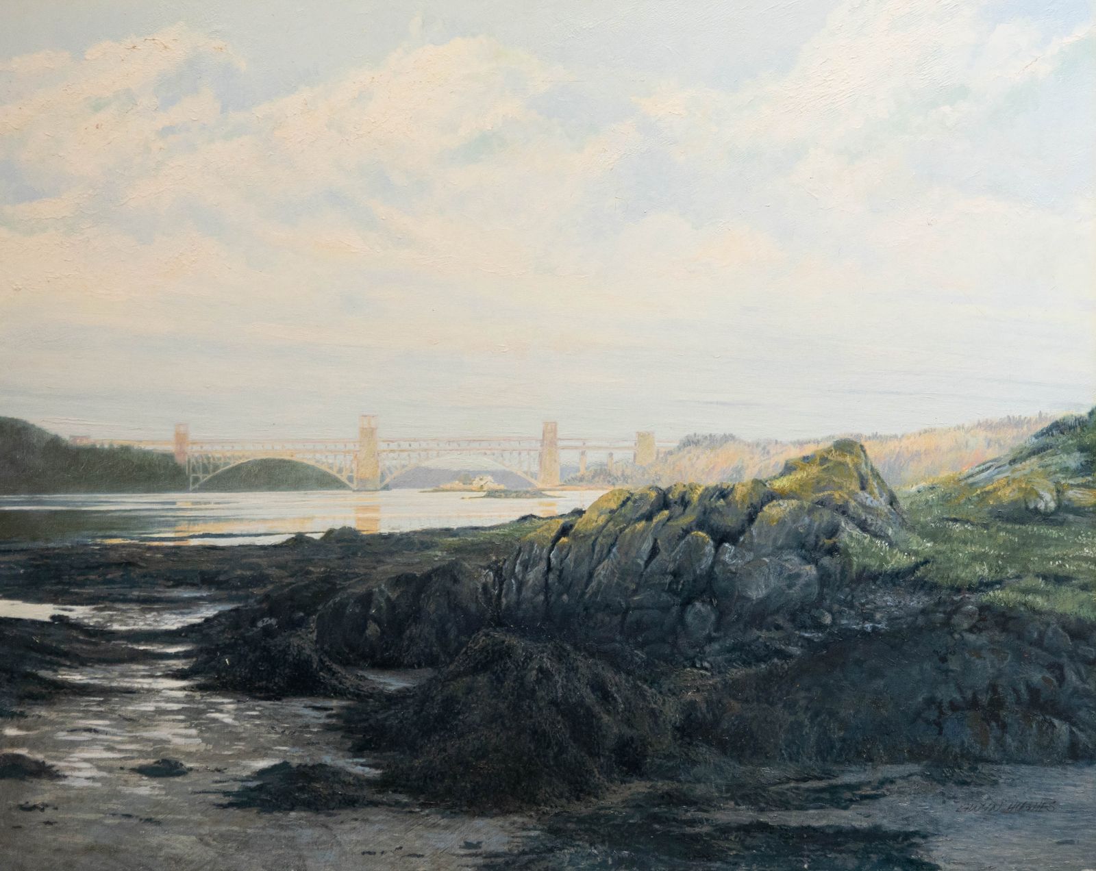 Gwyn Hughes (B.1953) 20th Century Oil, Britannia Bridge photo furniture