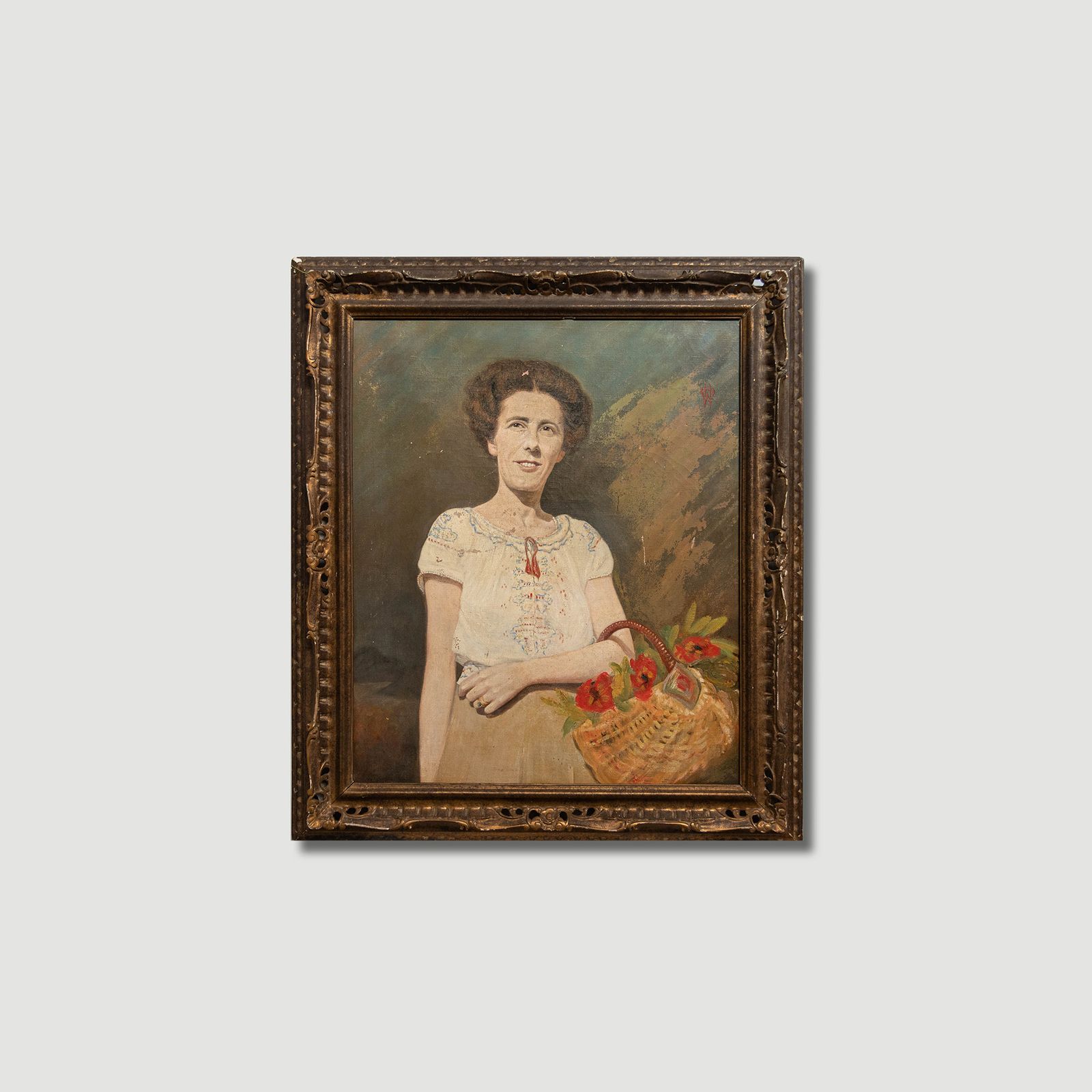 H. W. 1947 Oil For Restoration, Lady With The Flower Basket photo vintage