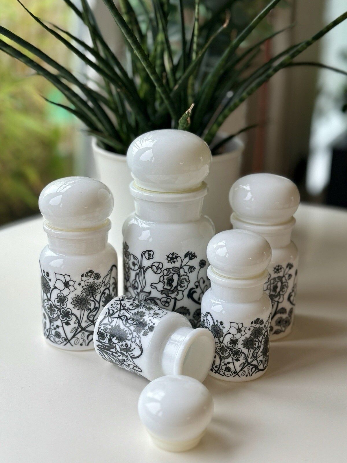 Set Of 5 1970s White Milk Glass Flower Design Bubble Lid Jars Made In Belgium photo furniture