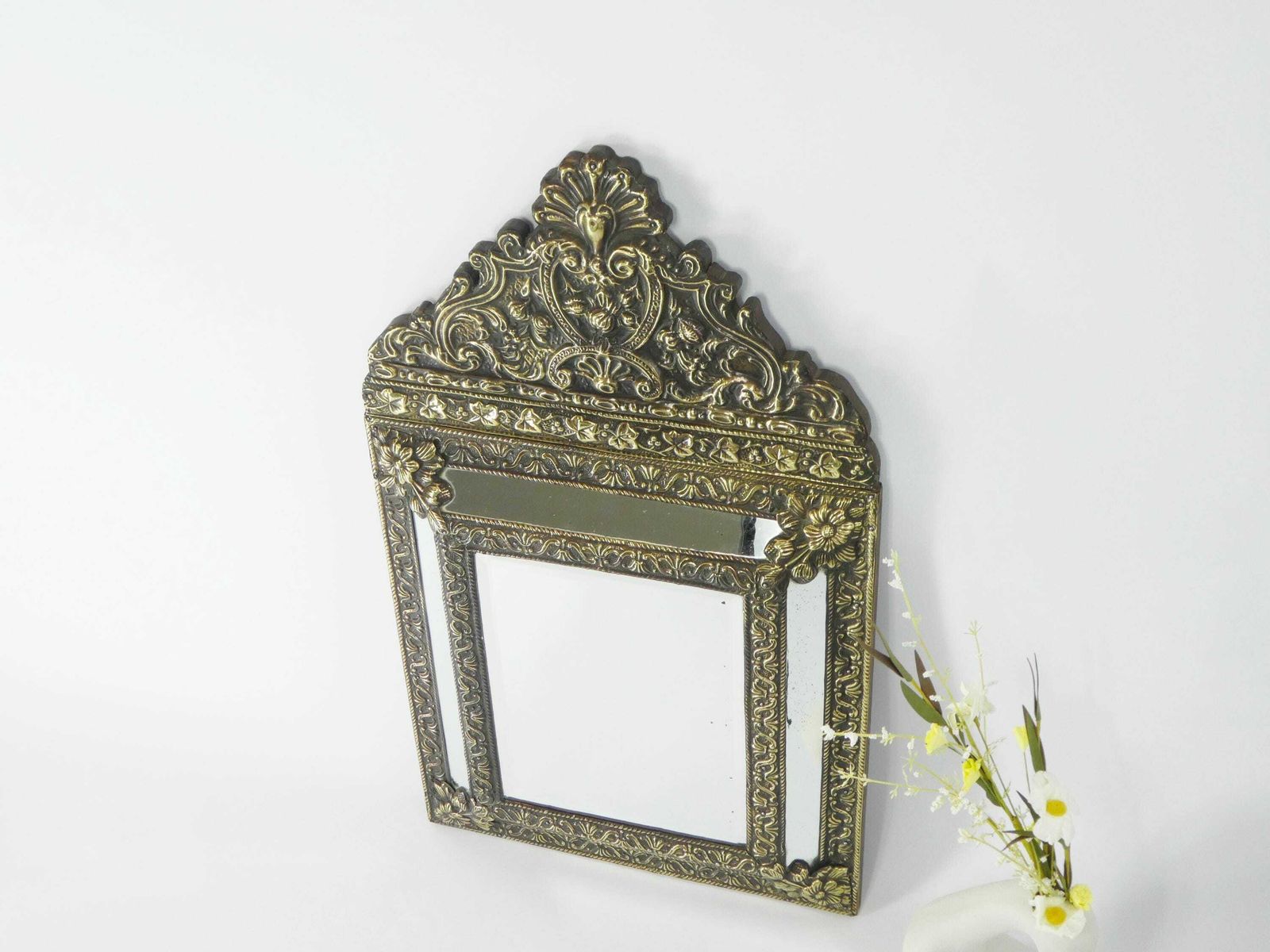 Large Hanging Dutch Copper Wall Mirror With Beveled Mirror, Unique Ornate Design, Wall Hanging photo for sale