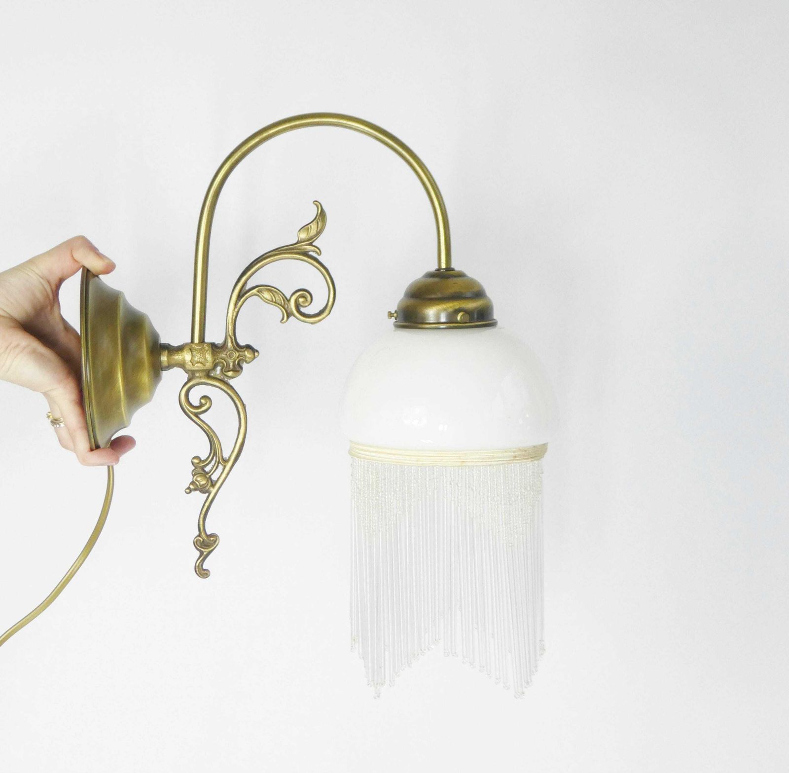 Vintage French Glass Wall Lamp With Beads And Brass Base, Beautiful Wall Sconce, Art Nouveau Lighting photo furniture