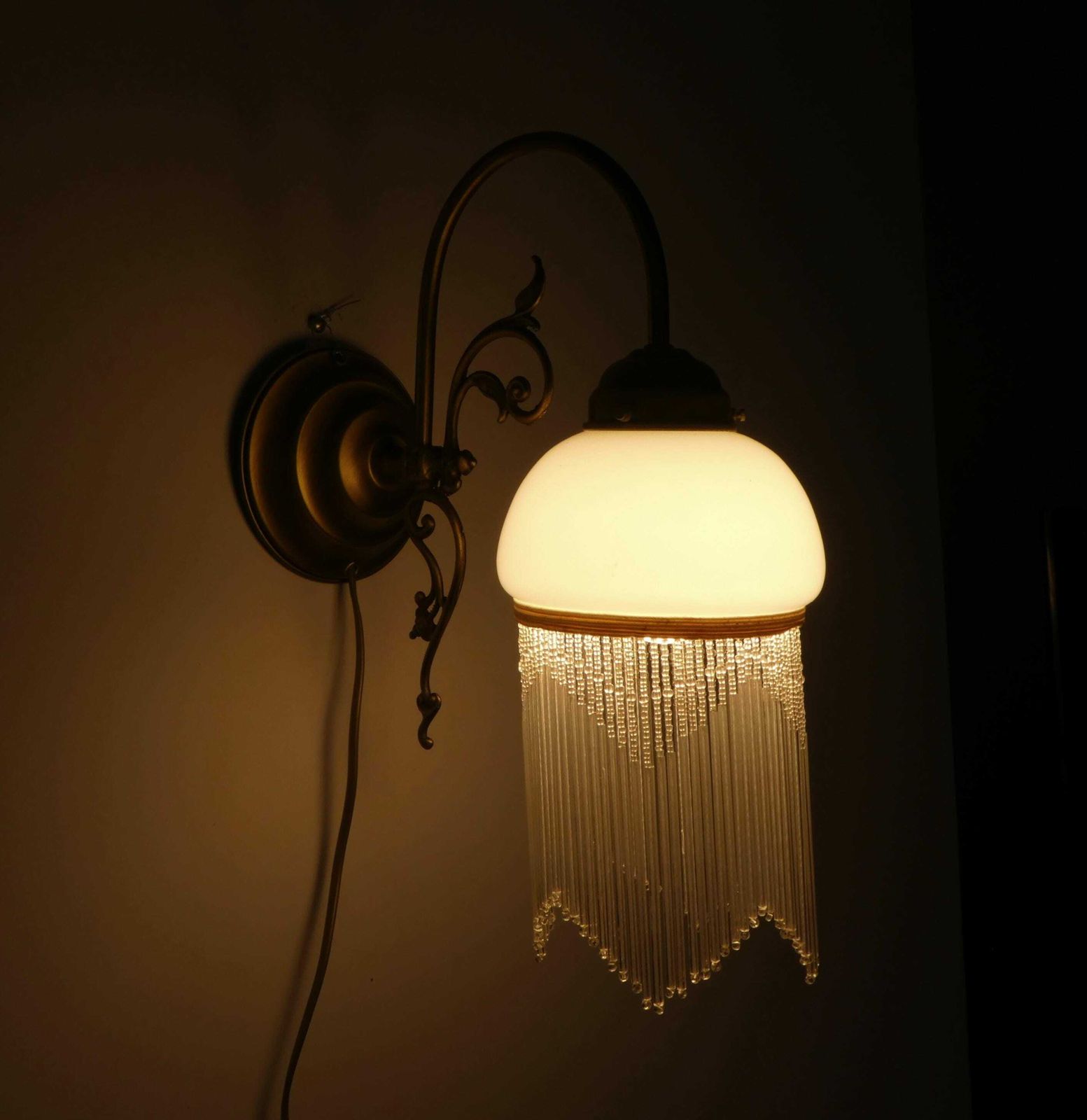 Vintage French Glass Wall Lamp With Beads And Brass Base, Beautiful Wall Sconce, Art Nouveau Lighting photo 144.0