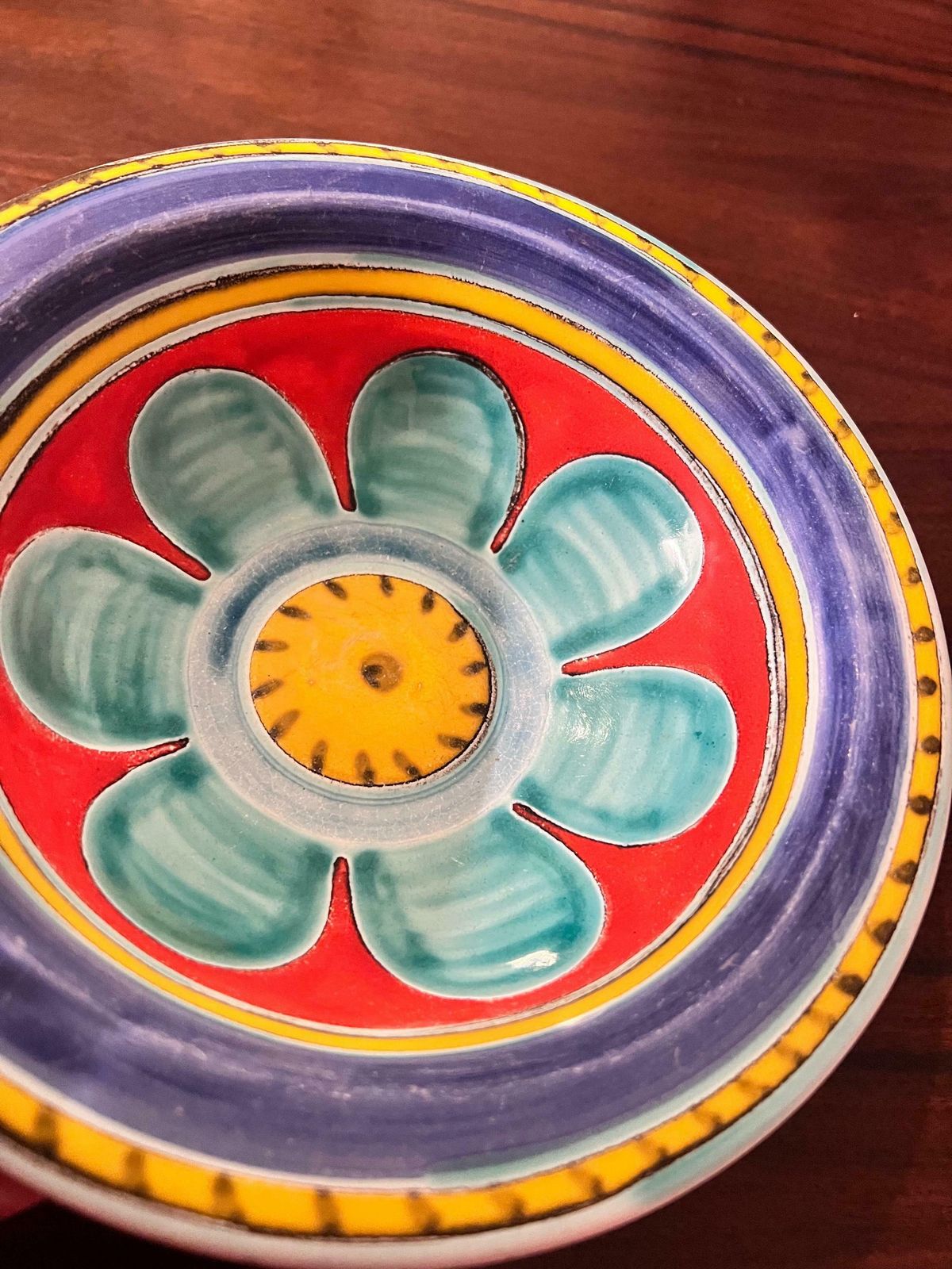 1960s Desimone Pottery Italy Ceramic Art Bow/ Plate Hand Painted Turquoise Flower photo vinterior