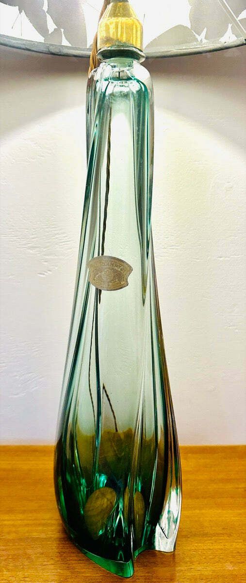 1950s Belgium Val St Lambert Green & Clear Crystal Glass Table Lamp photo Lighting