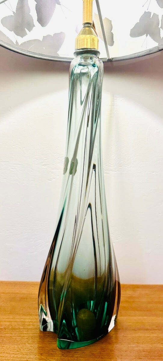 1950s Belgium Val St Lambert Green & Clear Crystal Glass Table Lamp photo vinterior