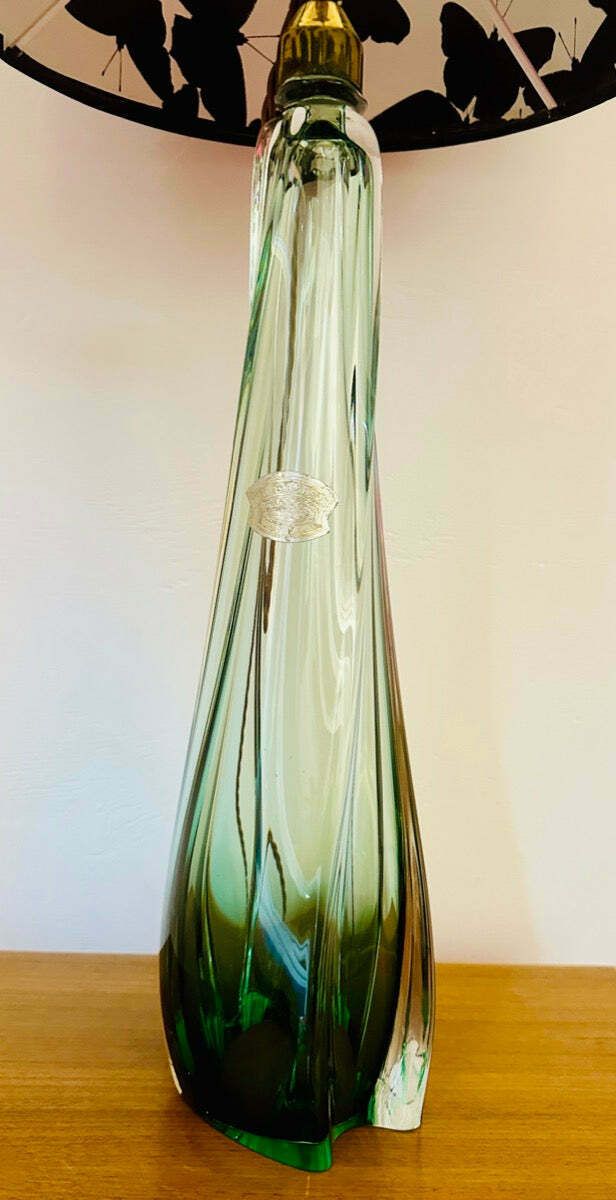 photo for sale 1950s Belgium Val St Lambert Green & Clear Crystal Glass Table Lamp