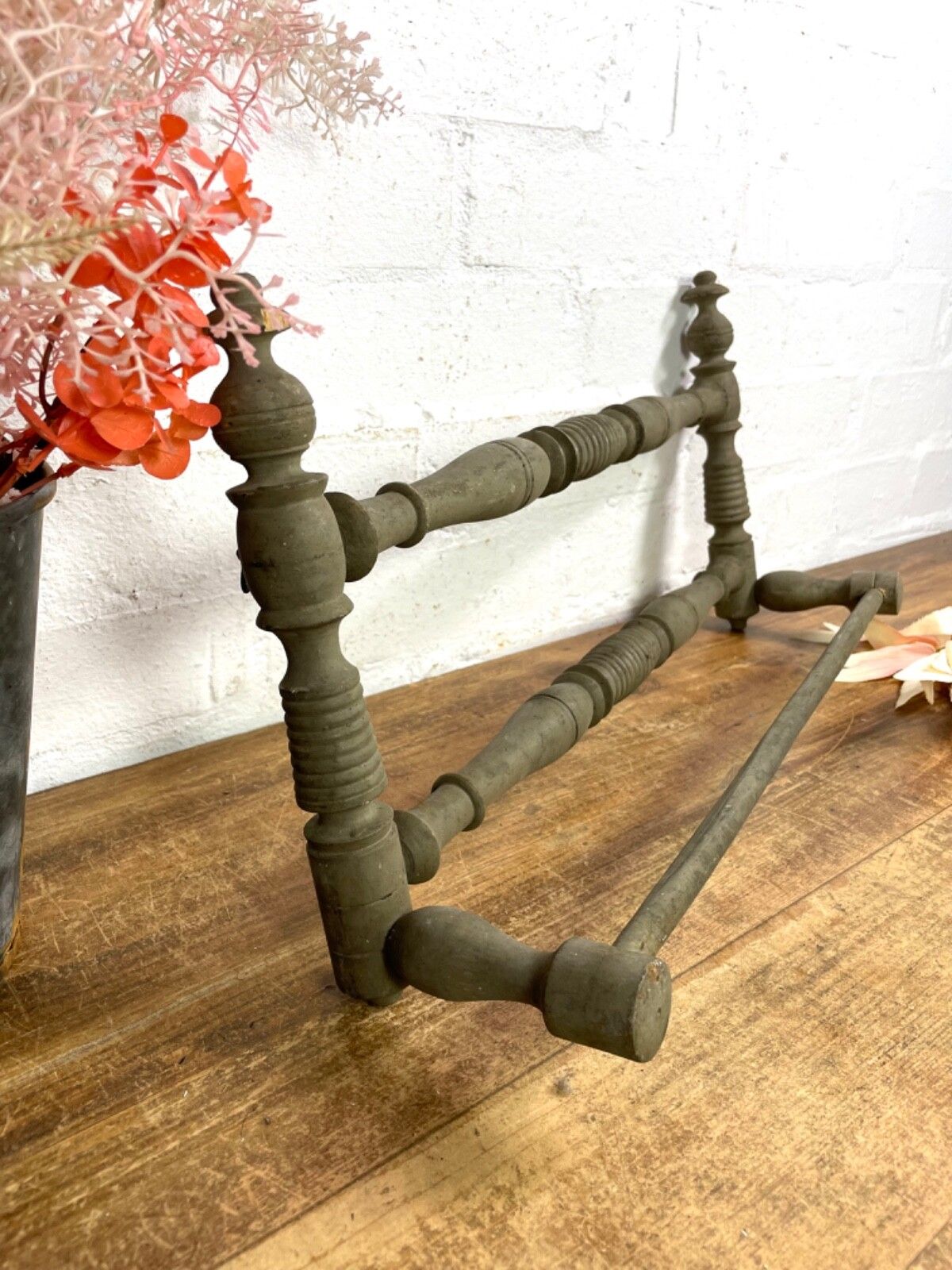 Antique French Wooden Turned Bobbin Bathroom Kitchen Towel Rail Holder photo for sale