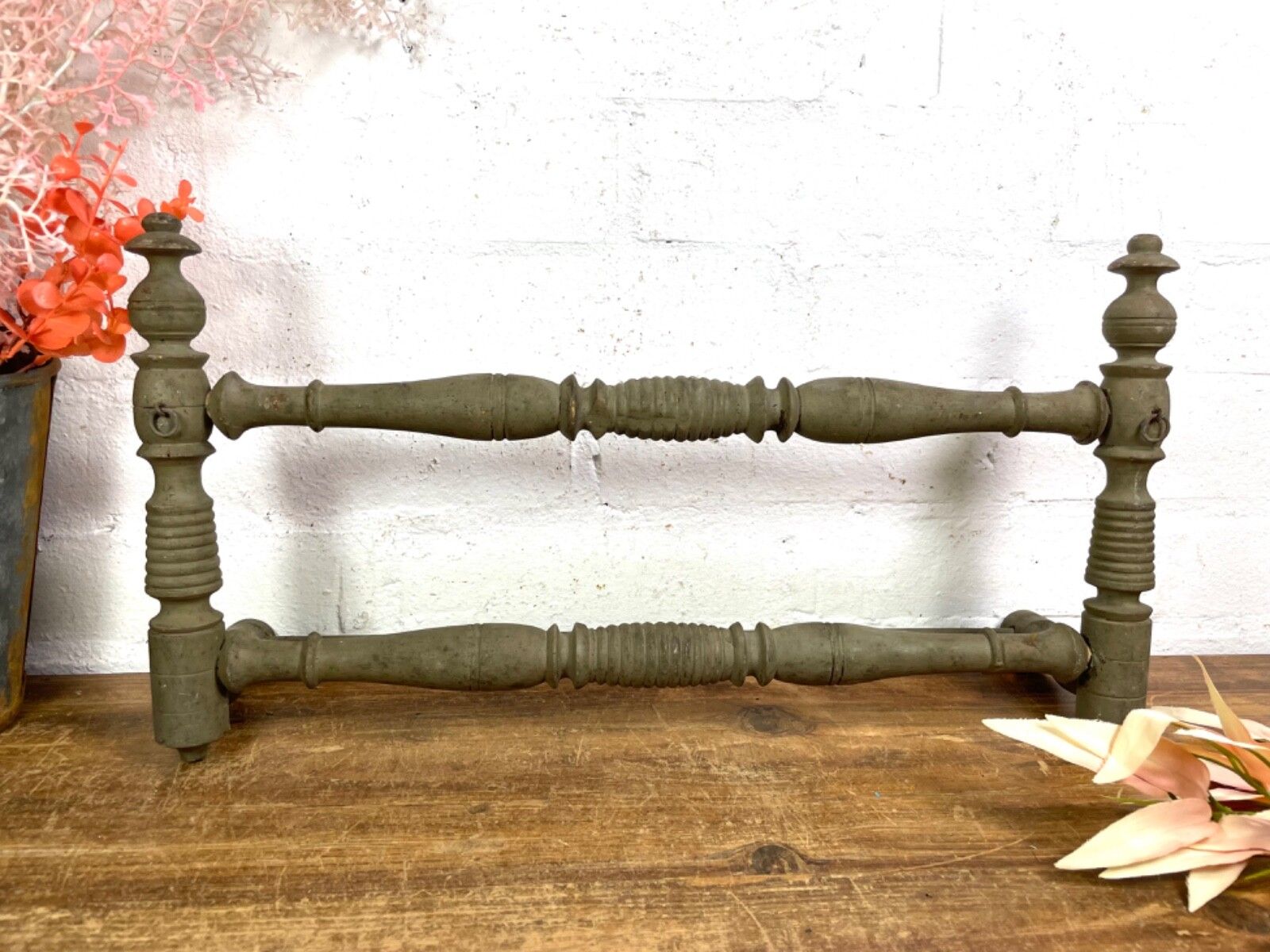Antique French Wooden Turned Bobbin Bathroom Kitchen Towel Rail Holder photo 65.0