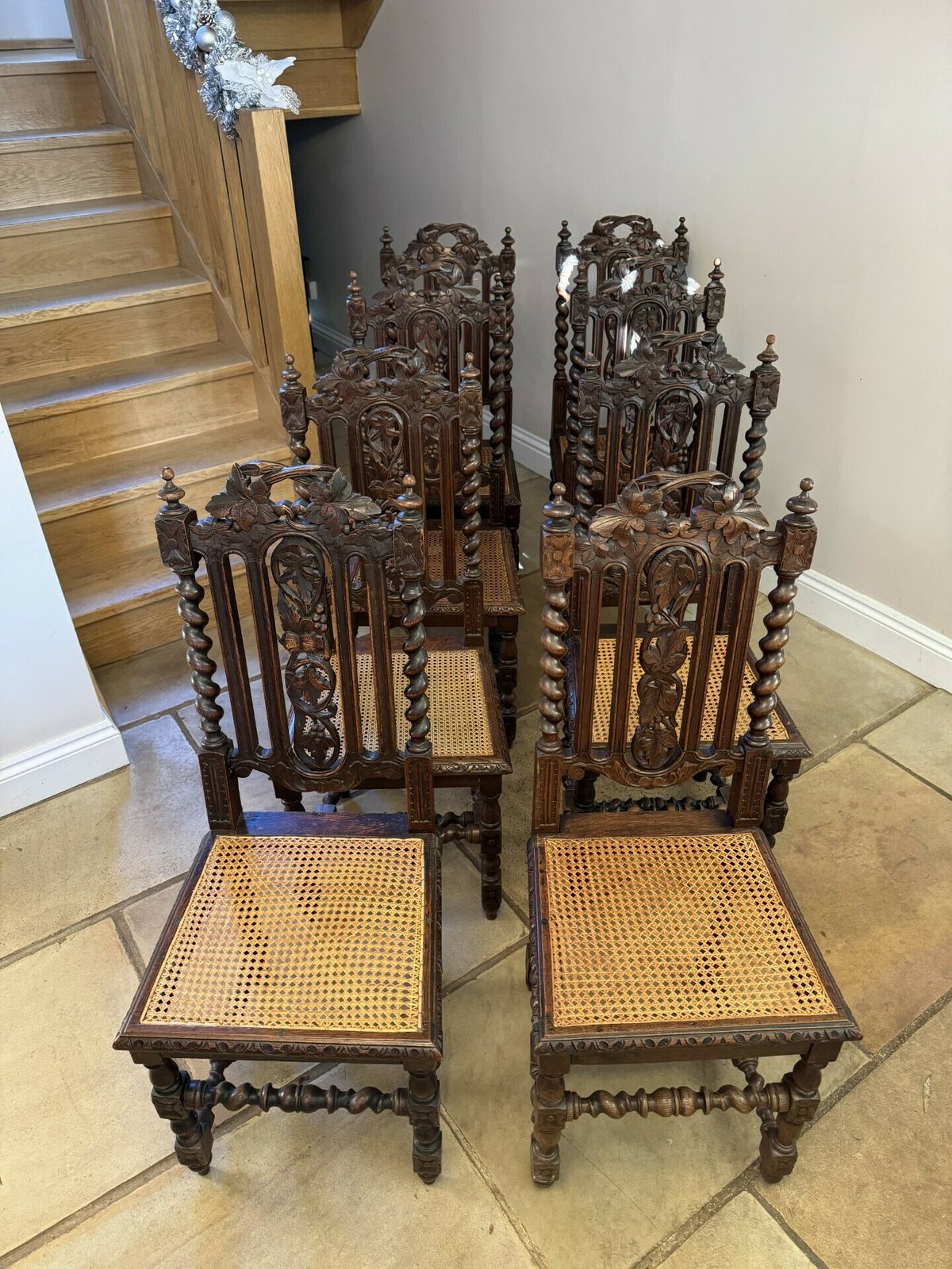 Furniture Stylish Set Of Eight Antique Quality Carved Oak Dining Chairs photo