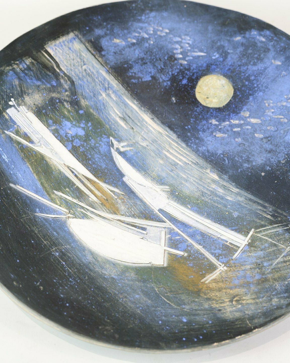 Unique Ceramic Dish With Motif Of Boats Sailing Under A Moonlit Sky By Jeppe Hagedorn Olsen (1929–2011) photo for sale