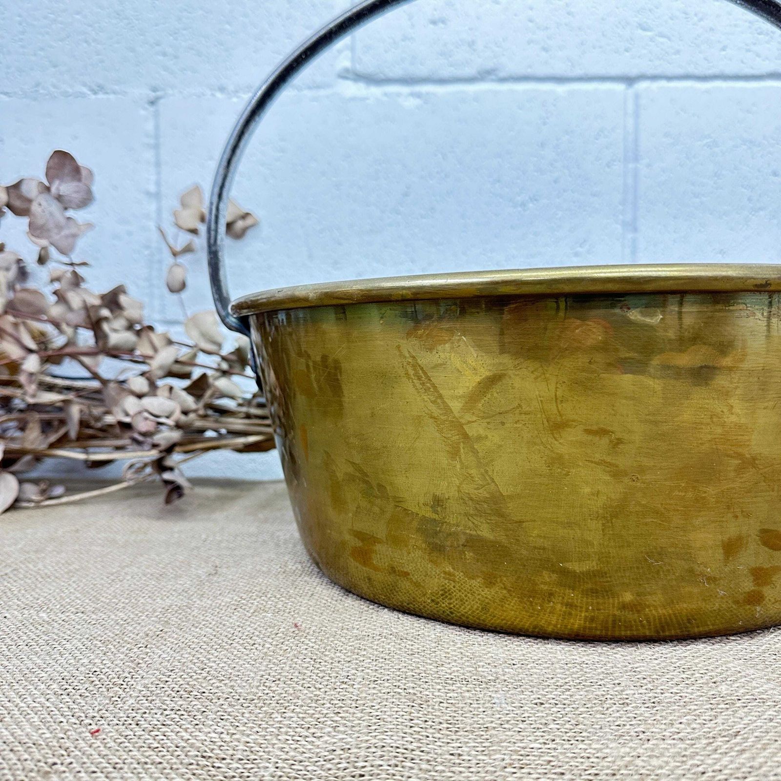 Antique Brass Jam Pan, Preserve Pot, Heavy Cooking Pot With Bracket photo vinterior