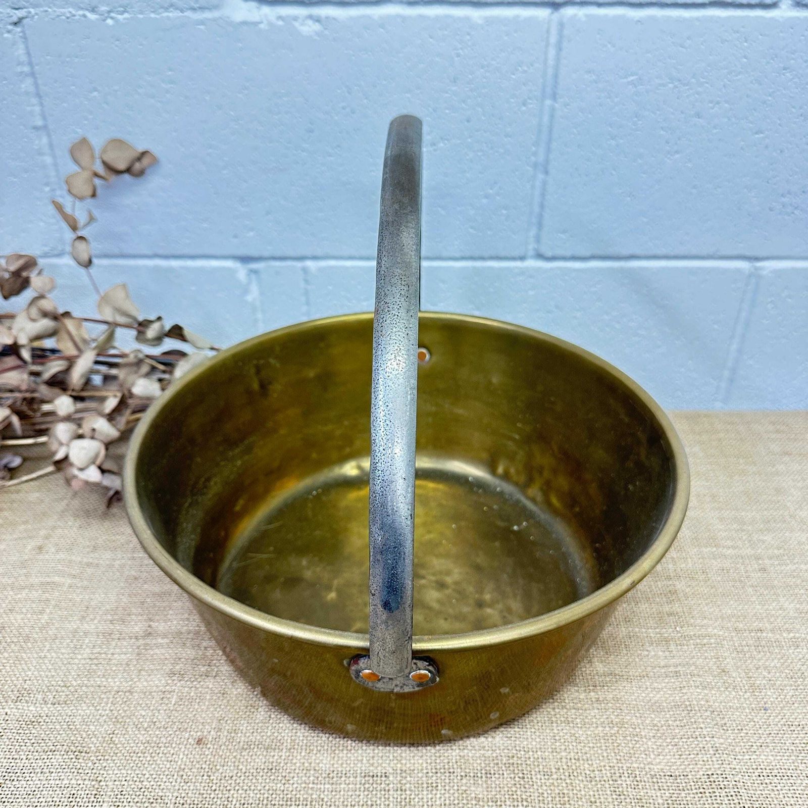 photo for sale Antique Brass Jam Pan, Preserve Pot, Heavy Cooking Pot With Bracket